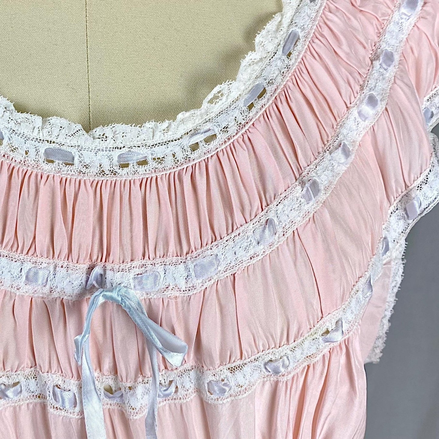 Vintage 1940's Nightgown | Bubblegum Pink Rayon with Gathered Bodice & Woven Blue Ribbon | Size S, M - Daggers & Dames