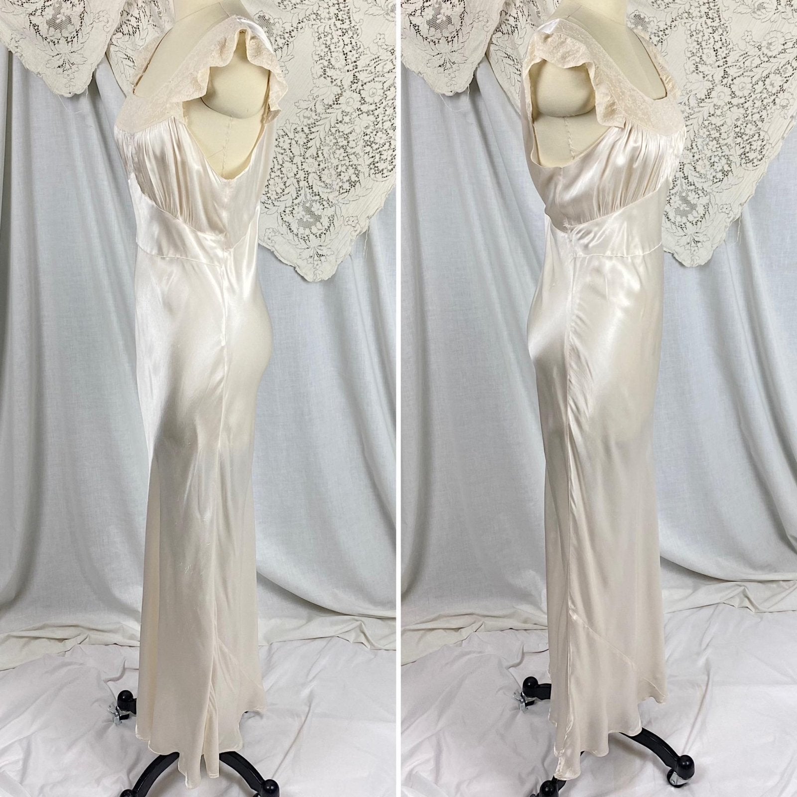 Vintage 1940's Nightgown | Creamy White Rayon Satin with Ivory Floral Cotton Lace | Size S, M | By Radcliffe - Daggers & Dames