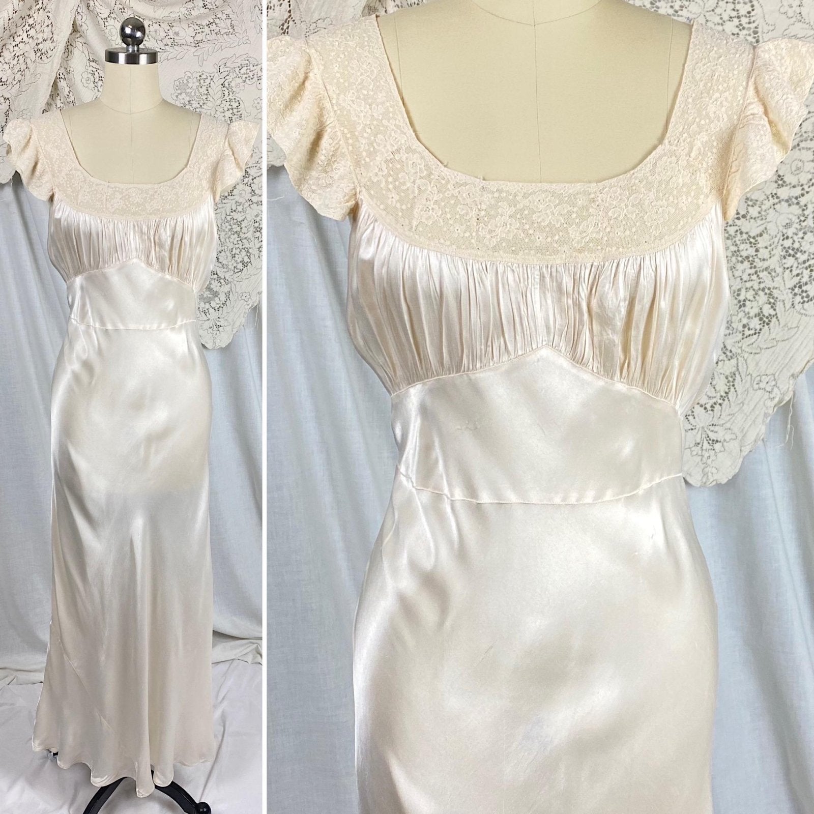 Vintage 1940's Nightgown | Creamy White Rayon Satin with Ivory Floral Cotton Lace | Size S, M | By Radcliffe - Daggers & Dames
