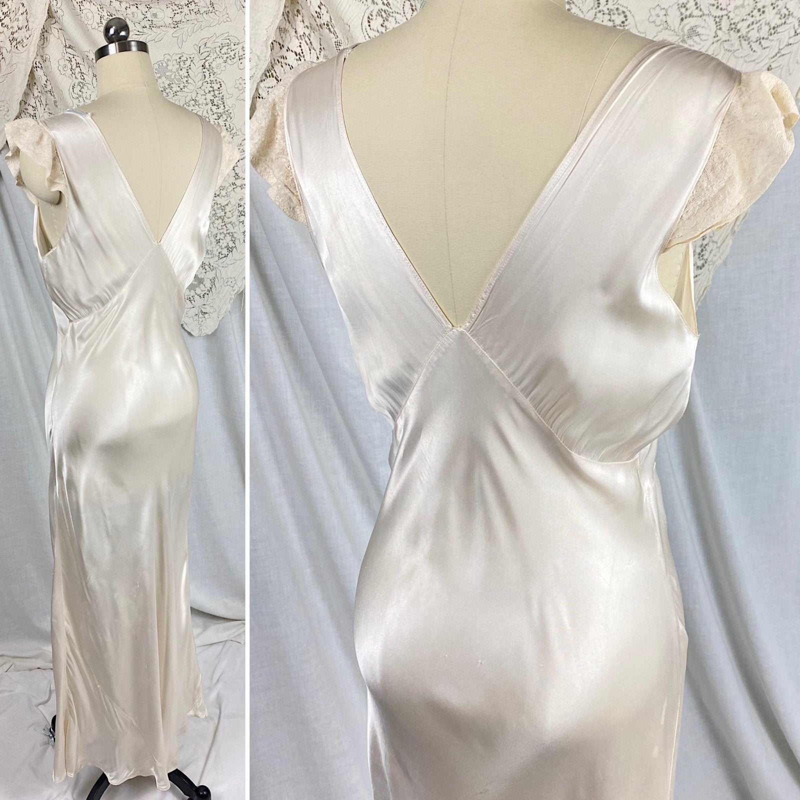 Vintage 1940's Nightgown | Creamy White Rayon Satin with Ivory Floral Cotton Lace | Size S, M | By Radcliffe - Daggers & Dames