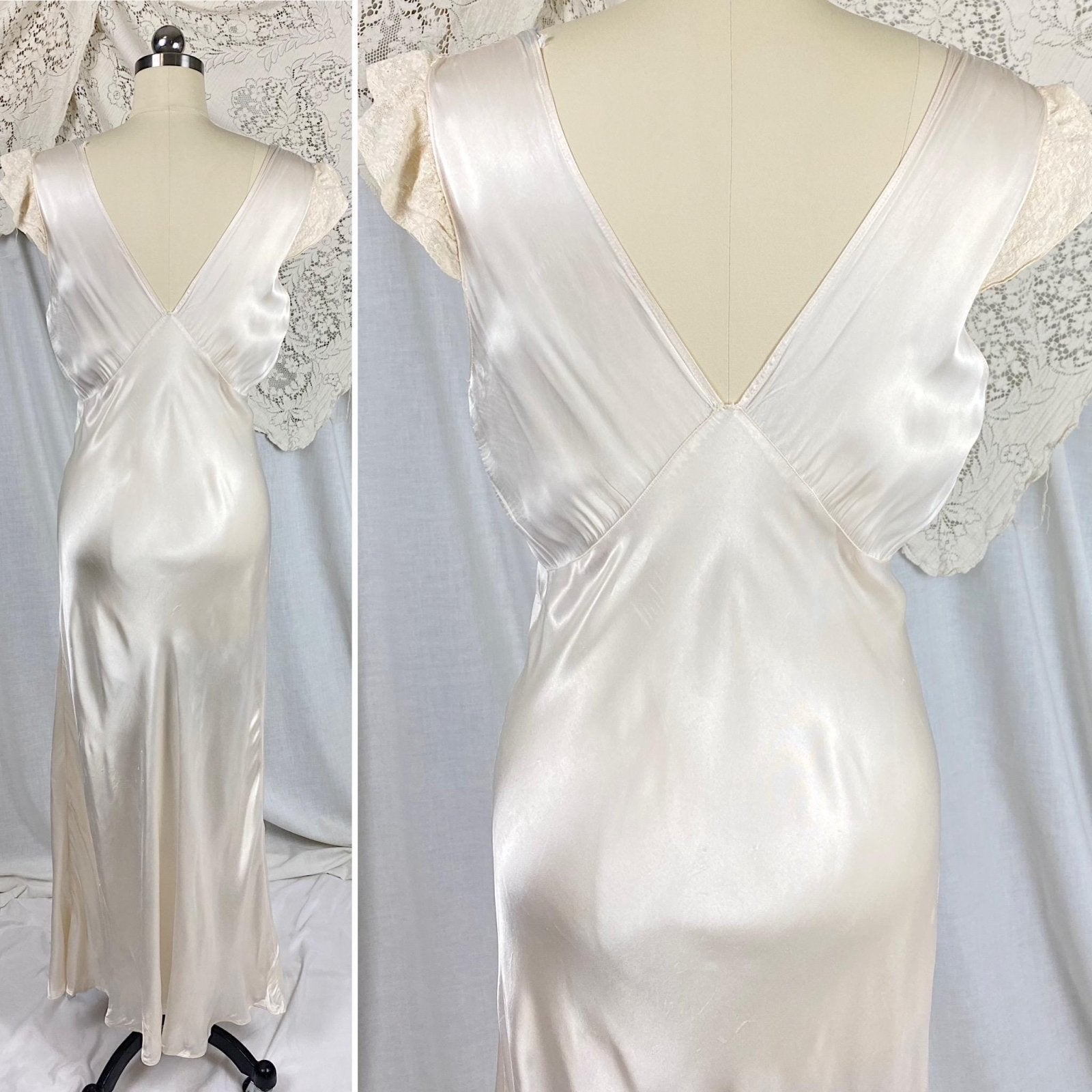 Vintage 1940's Nightgown | Creamy White Rayon Satin with Ivory Floral Cotton Lace | Size S, M | By Radcliffe - Daggers & Dames