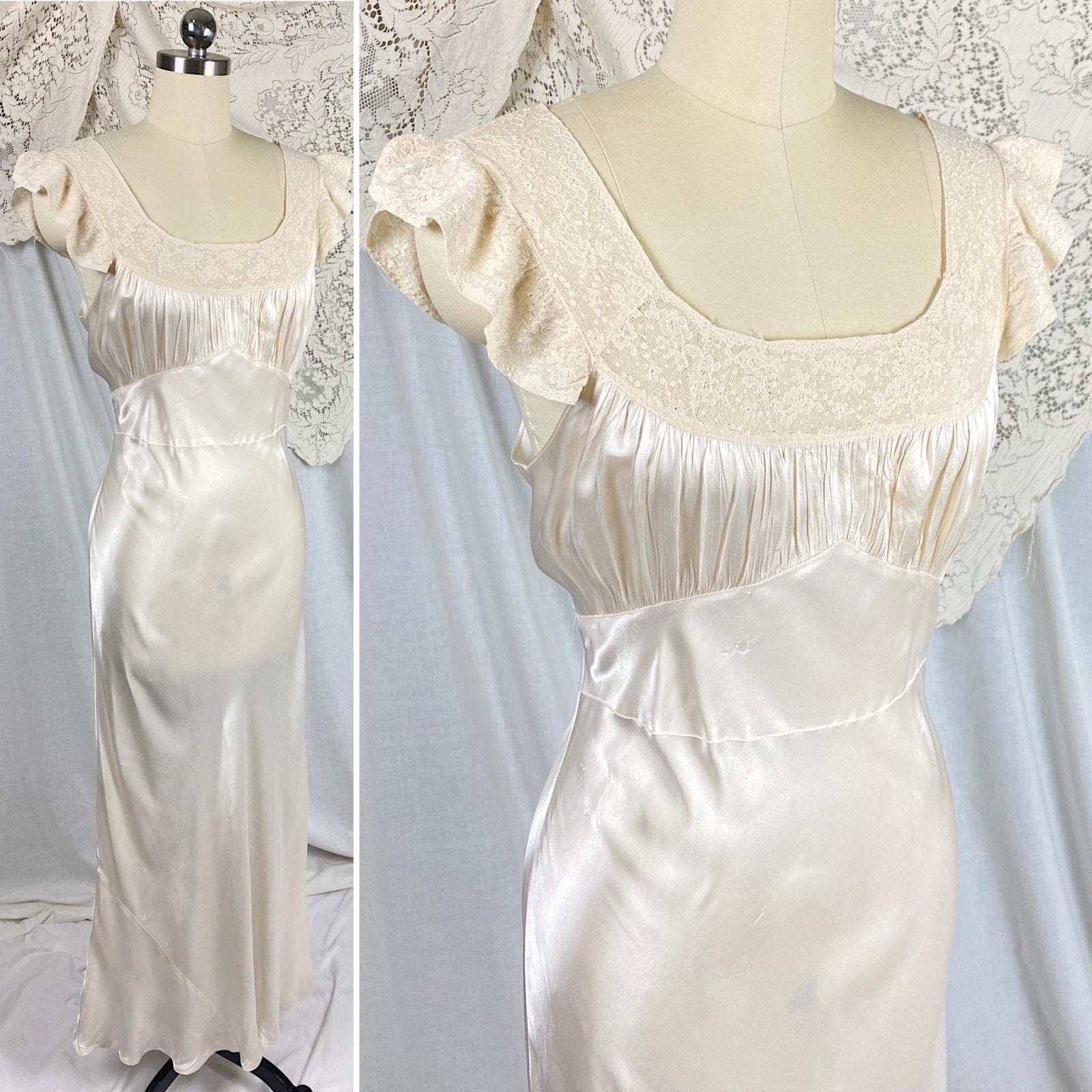 Vintage 1940's Nightgown | Creamy White Rayon Satin with Ivory Floral Cotton Lace | Size S, M | By Radcliffe - Daggers & Dames
