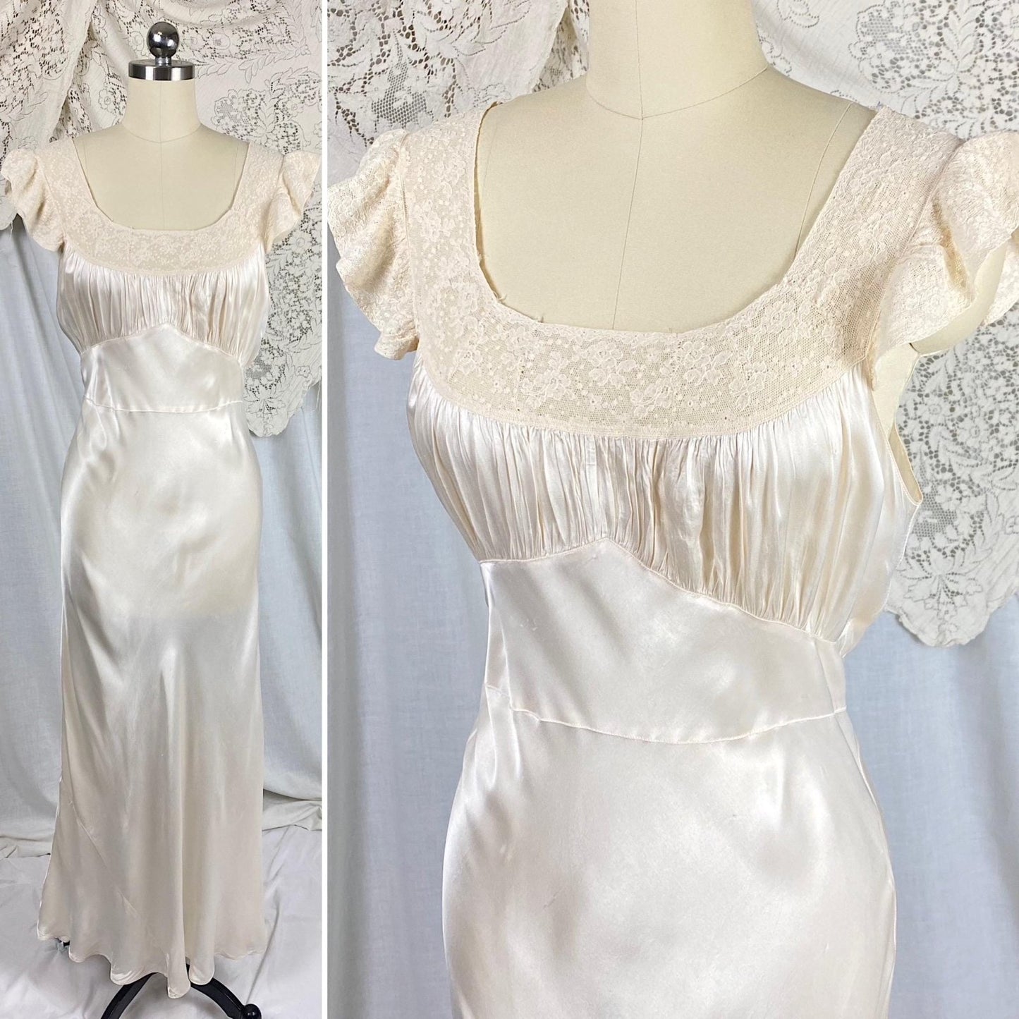 Vintage 1940's Nightgown | Creamy White Rayon Satin with Ivory Floral Cotton Lace | Size S, M | By Radcliffe - Daggers & Dames