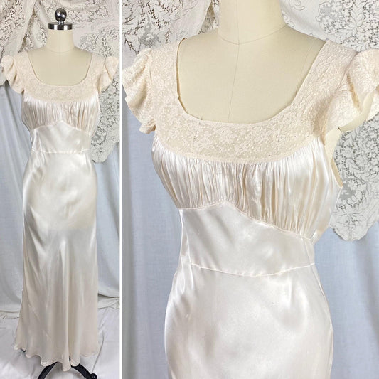Vintage 1940's Nightgown | Creamy White Rayon Satin with Ivory Floral Cotton Lace | Size S, M | By Radcliffe - Daggers & Dames