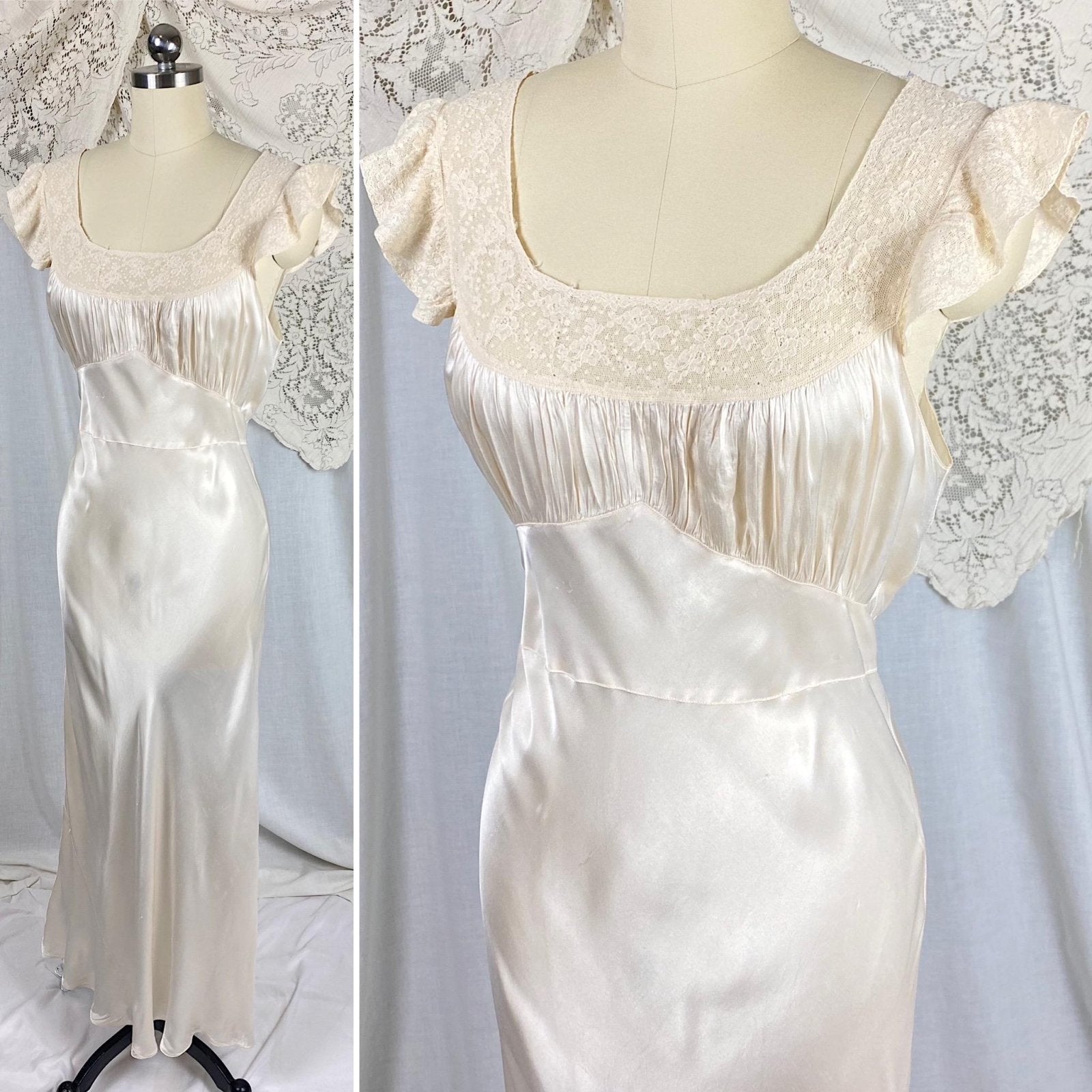 Vintage 1940's Nightgown | Creamy White Rayon Satin with Ivory Floral Cotton Lace | Size S, M | By Radcliffe - Daggers & Dames
