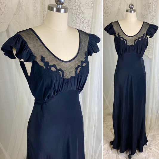 Vintage 1940's Nightgown - Inky Black Rayon with Cotton Tulle & Bow Appliqués - By Chevette - Size S, M - Daggers & Dames