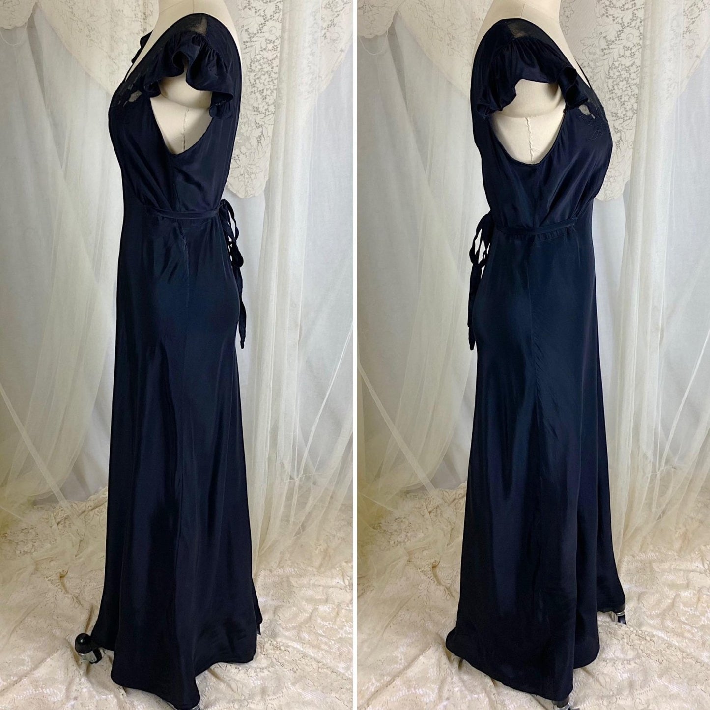 Vintage 1940's Nightgown - Inky Black Rayon with Cotton Tulle & Bow Appliqués - By Chevette - Size S, M - Daggers & Dames