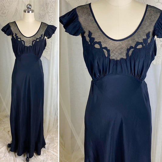 Vintage 1940's Nightgown - Inky Black Rayon with Cotton Tulle & Bow Appliqués - By Chevette - Size S, M - Daggers & Dames