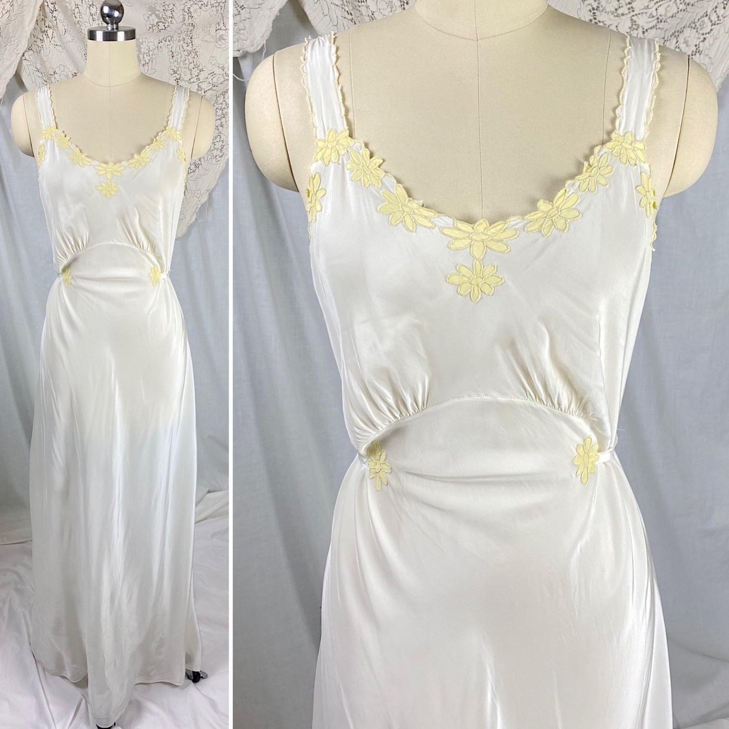 Vintage 1940's Nightgown | Off White Rayon with Yellow Daisy Appliques | Size S, M | Rico Lingerie - Daggers & Dames