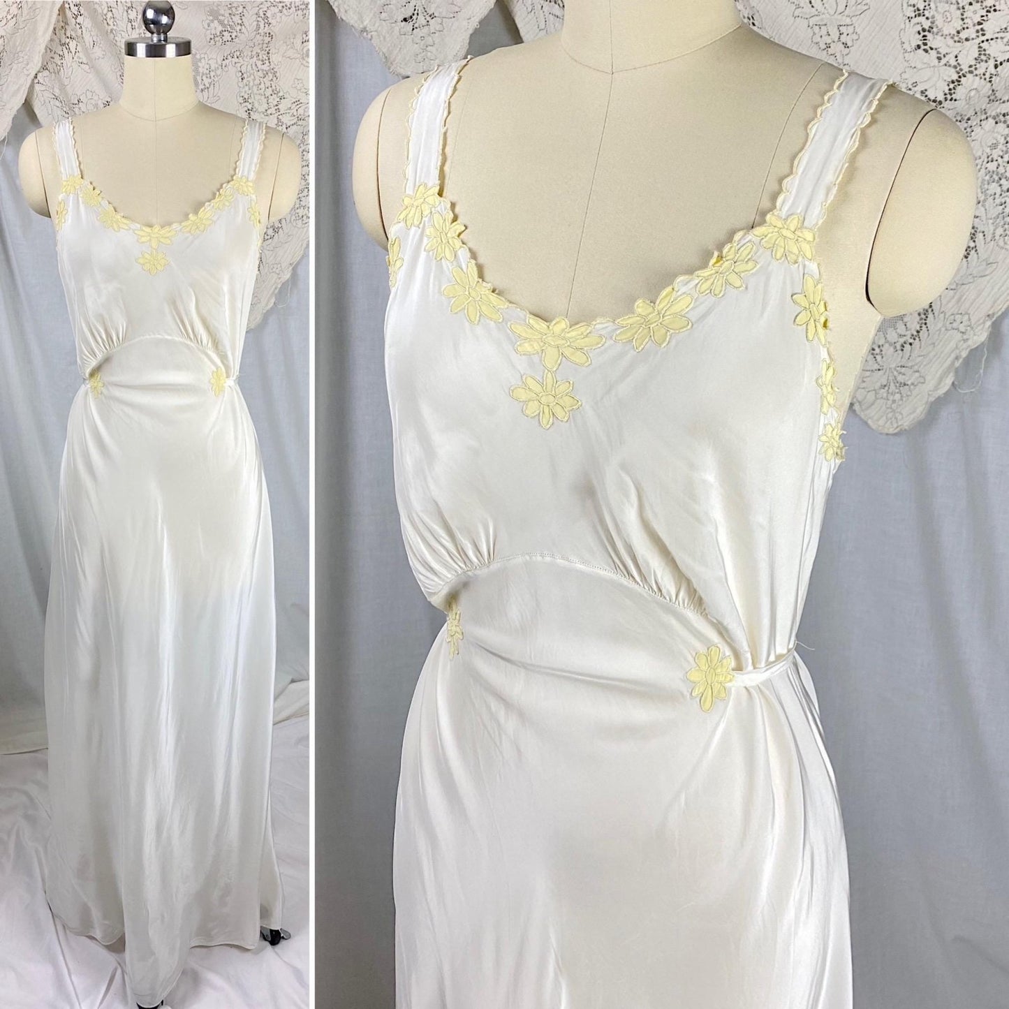 Vintage 1940's Nightgown | Off White Rayon with Yellow Daisy Appliques | Size S, M | Rico Lingerie - Daggers & Dames