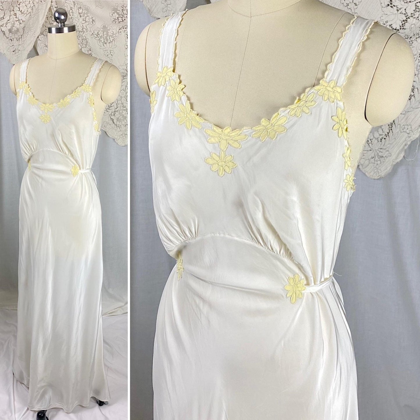 Vintage 1940's Nightgown | Off White Rayon with Yellow Daisy Appliques | Size S, M | Rico Lingerie - Daggers & Dames