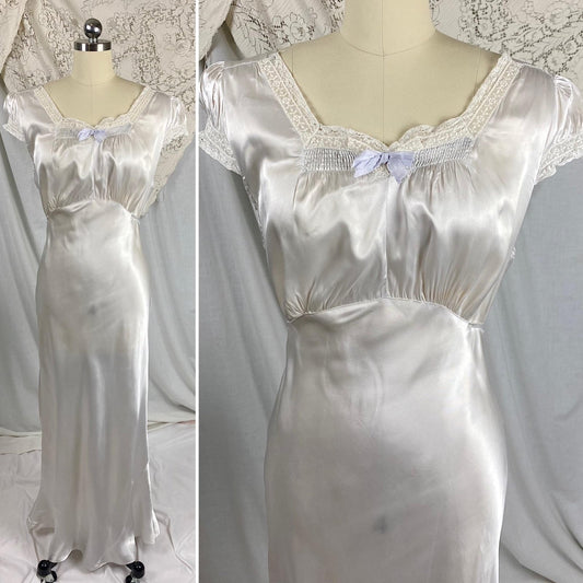 Vintage 1940's Nightgown | Pale Silver Blue Rayon Satin with White Lace | Size S, M - Daggers & Dames