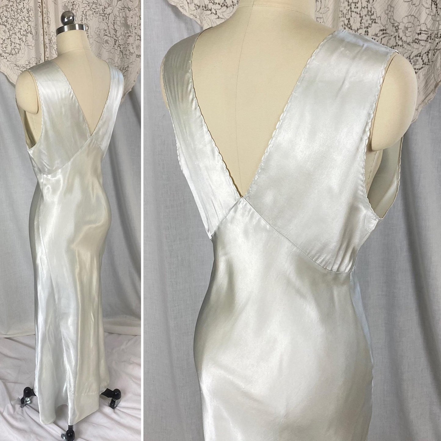 Vintage 1940's Nightgown | Palest Aqua Blue Rayon Satin with Pink Silk Ribbon Woven Lace | Size S - Daggers & Dames