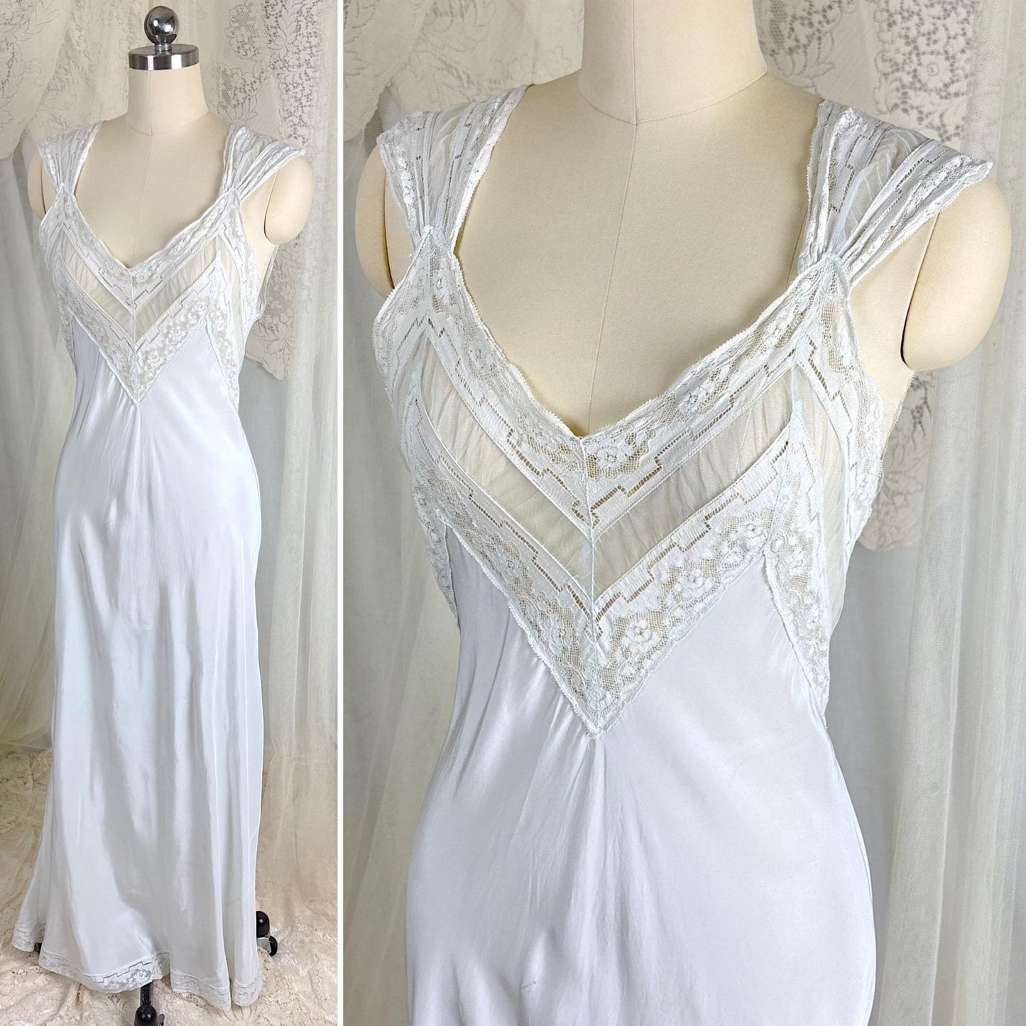 Vintage 1940's Nightgown - Palest Blue Rayon with Open Back & Art Deco Patterned Lace - Size S, M - Daggers & Dames
