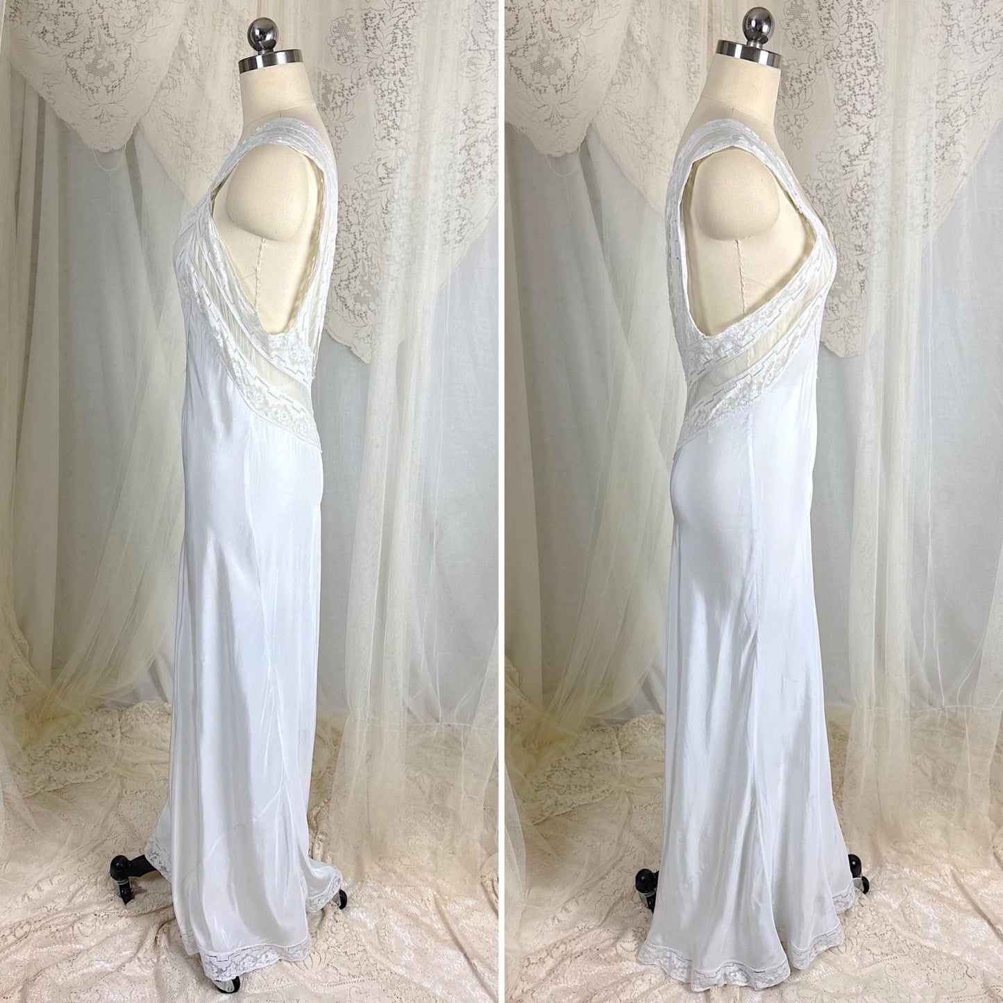 Vintage 1940's Nightgown - Palest Blue Rayon with Open Back & Art Deco Patterned Lace - Size S, M - Daggers & Dames