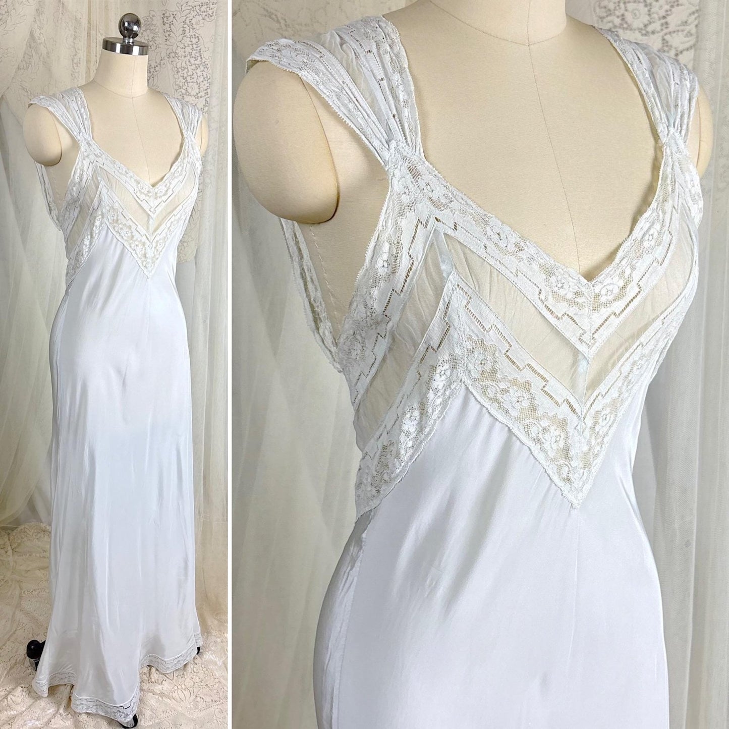 Vintage 1940's Nightgown - Palest Blue Rayon with Open Back & Art Deco Patterned Lace - Size S, M - Daggers & Dames