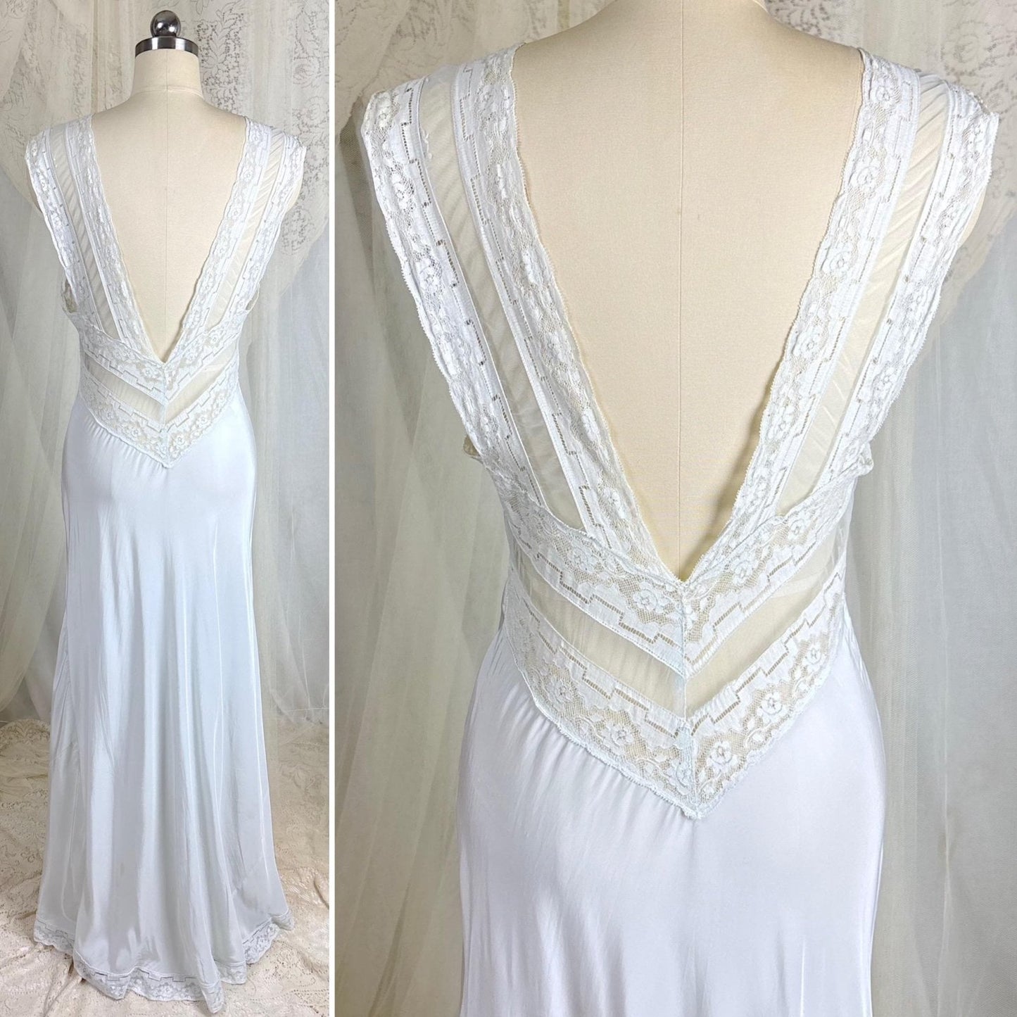 Vintage 1940's Nightgown - Palest Blue Rayon with Open Back & Art Deco Patterned Lace - Size S, M - Daggers & Dames