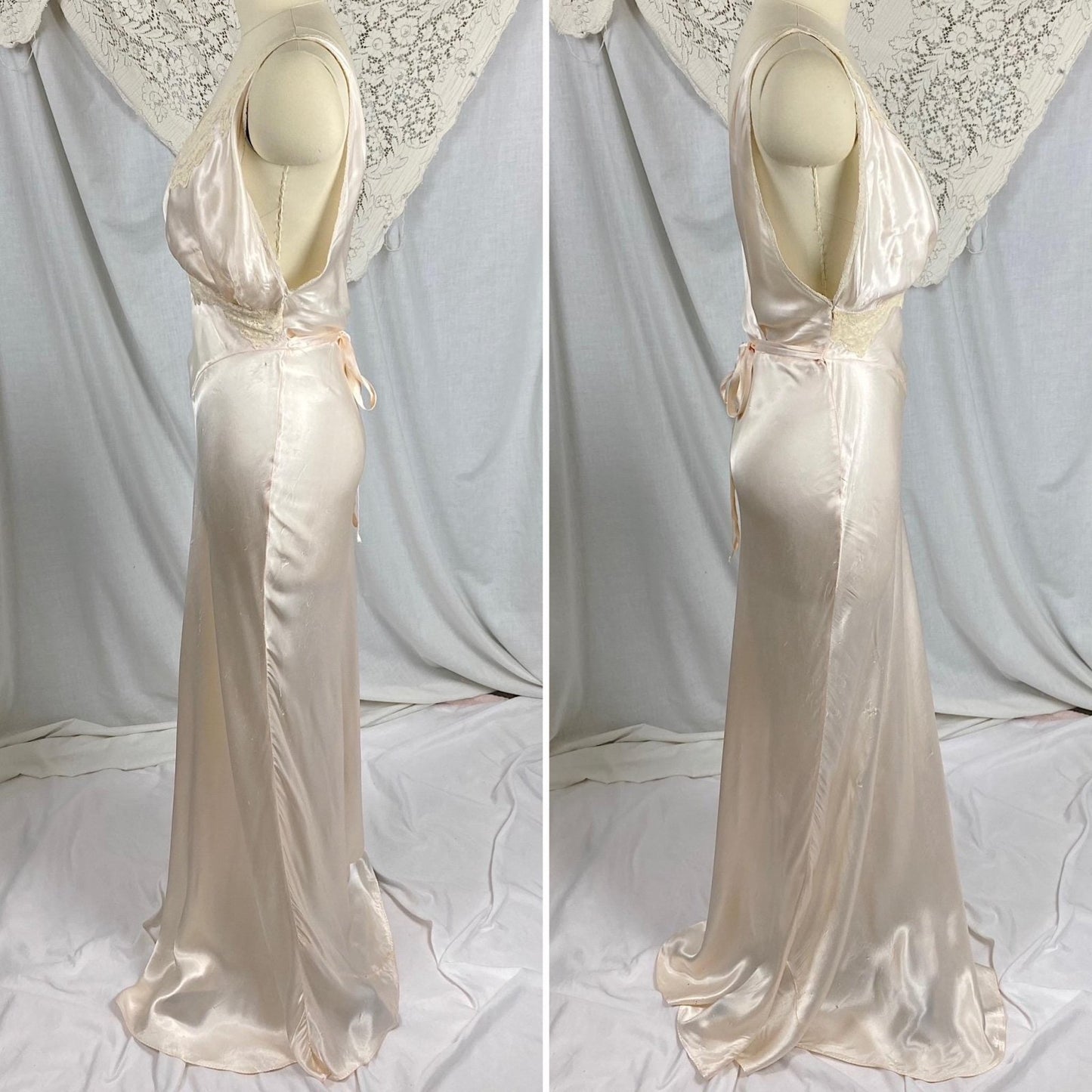 Vintage 1940's Nightgown | Palest Pink Rayon Satin with Ivory Cotton Lace | Size XS, S - Daggers & Dames