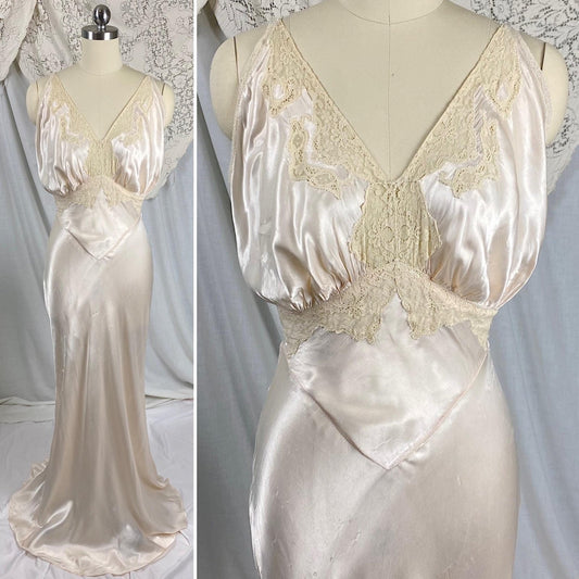 Vintage 1940's Nightgown | Palest Pink Rayon Satin with Ivory Cotton Lace | Size XS, S - Daggers & Dames