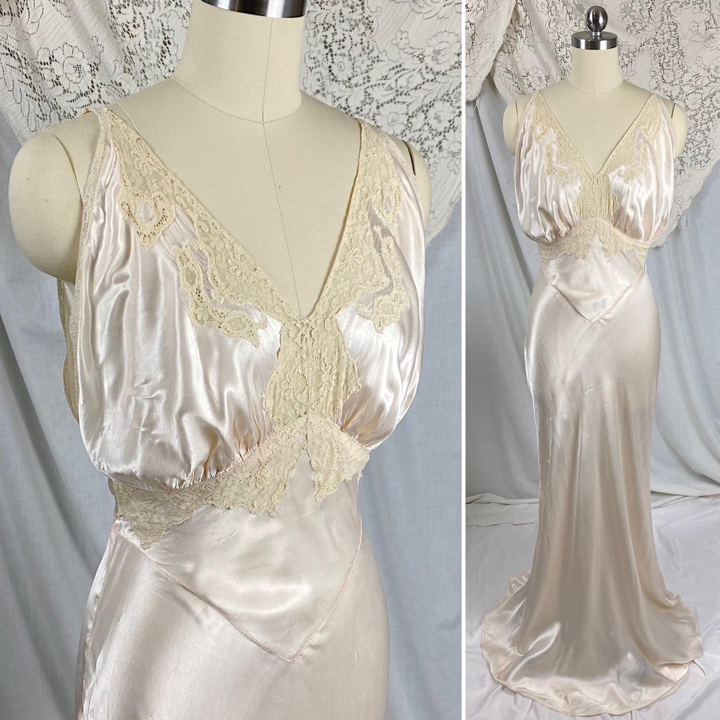 Vintage 1940's Nightgown | Palest Pink Rayon Satin with Ivory Cotton Lace | Size XS, S - Daggers & Dames