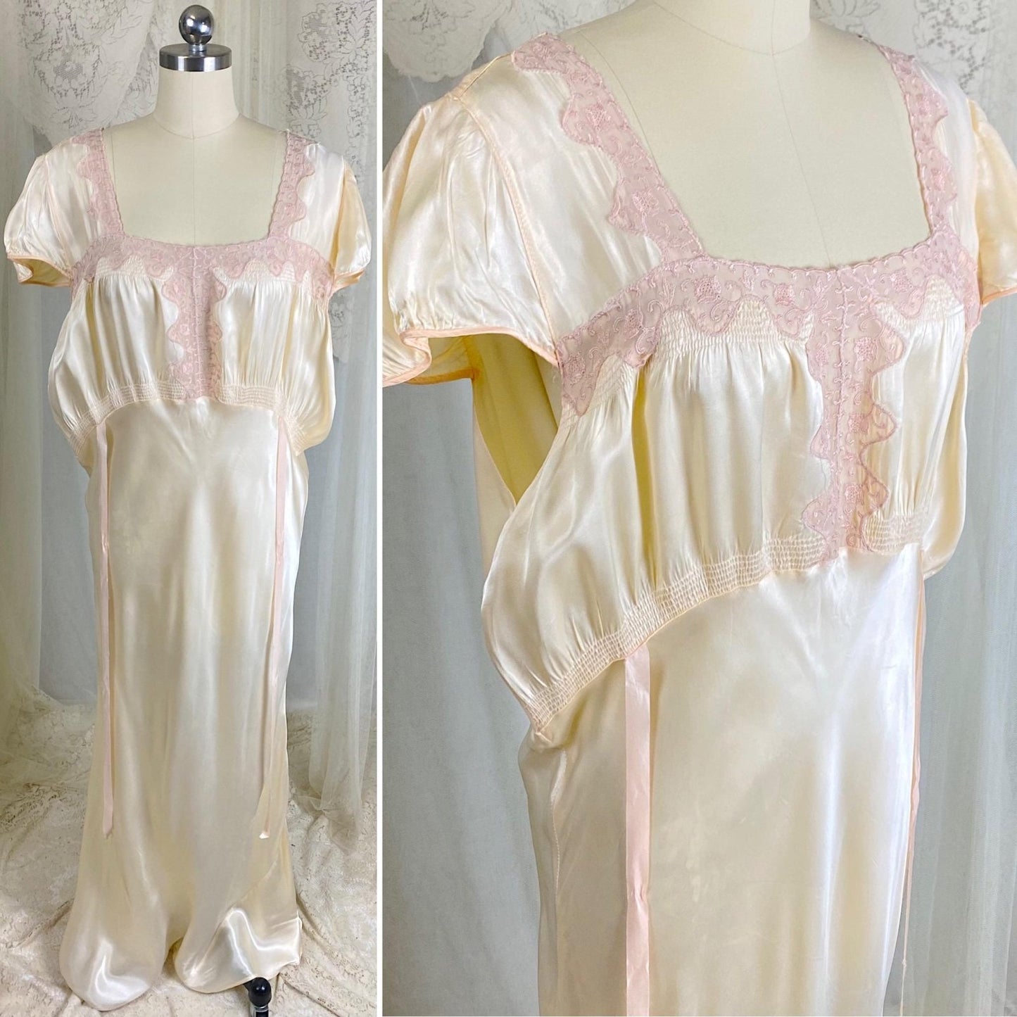 Vintage 1940's Nightgown - Palest Yellow Rayon Satin with Embroidered Organdy Insert - Size XL - XXL - Daggers & Dames