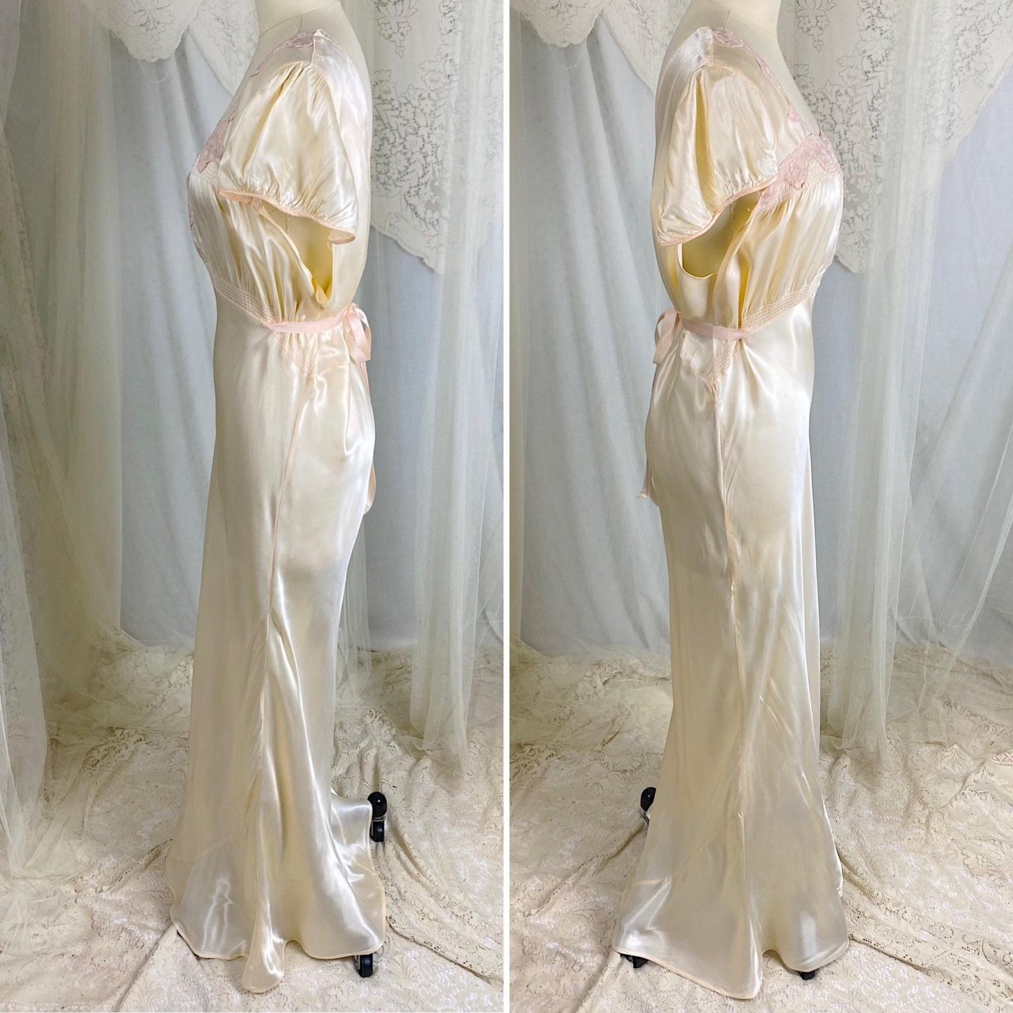 Vintage 1940's Nightgown - Palest Yellow Rayon Satin with Embroidered Organdy Insert - Size XL - XXL - Daggers & Dames