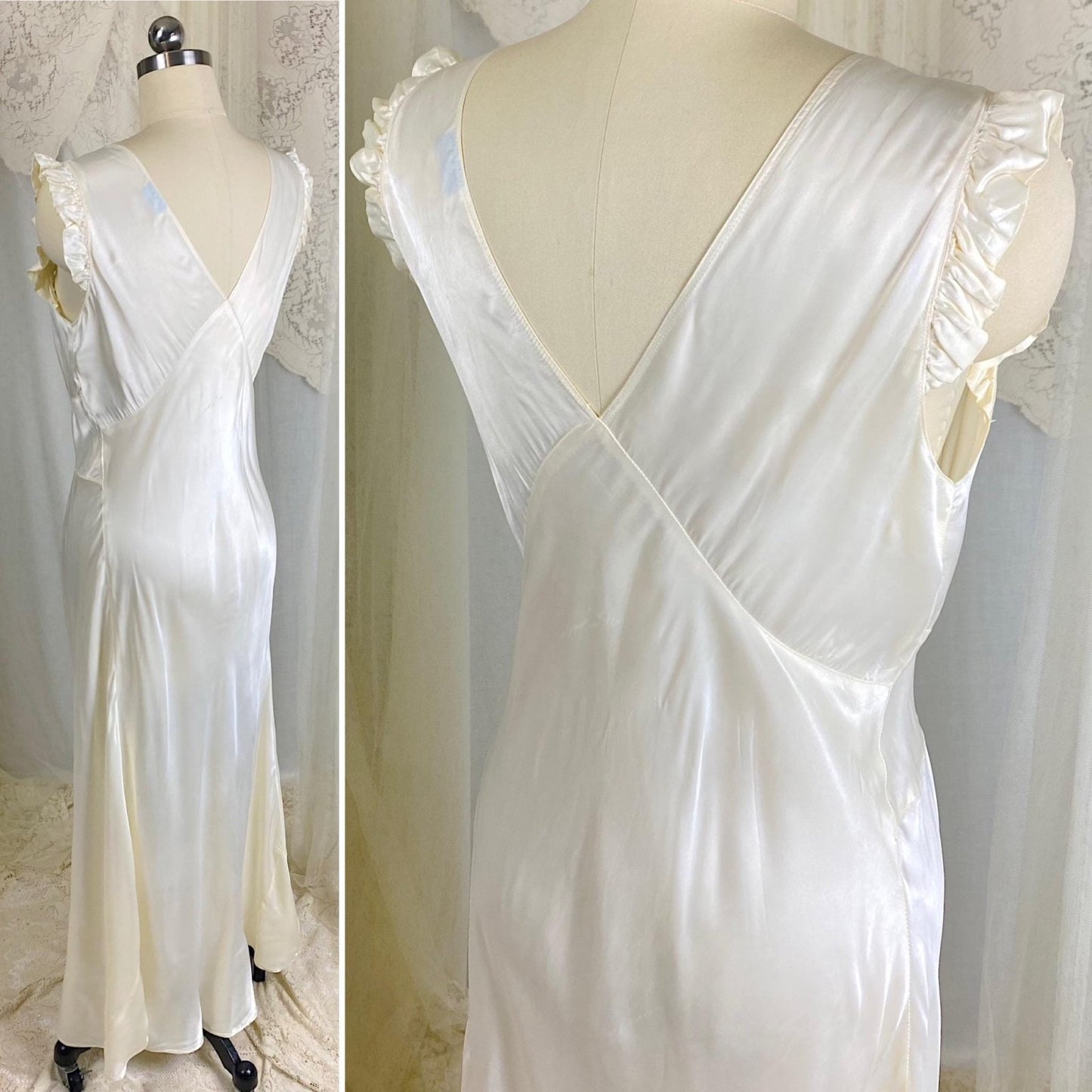 Vintage 1940's Nightgown - Pearl White Rayon Satin with Ivory Cotton Lace - Size M - By Radcliffe - Daggers & Dames