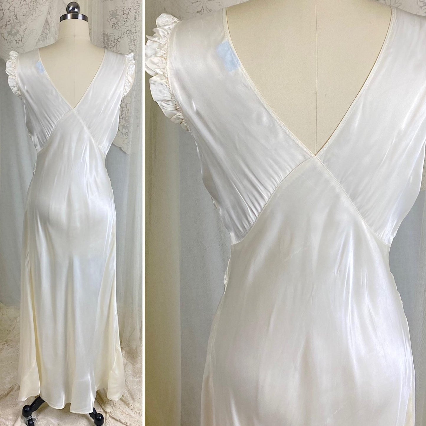 Vintage 1940's Nightgown - Pearl White Rayon Satin with Ivory Cotton Lace - Size M - By Radcliffe - Daggers & Dames