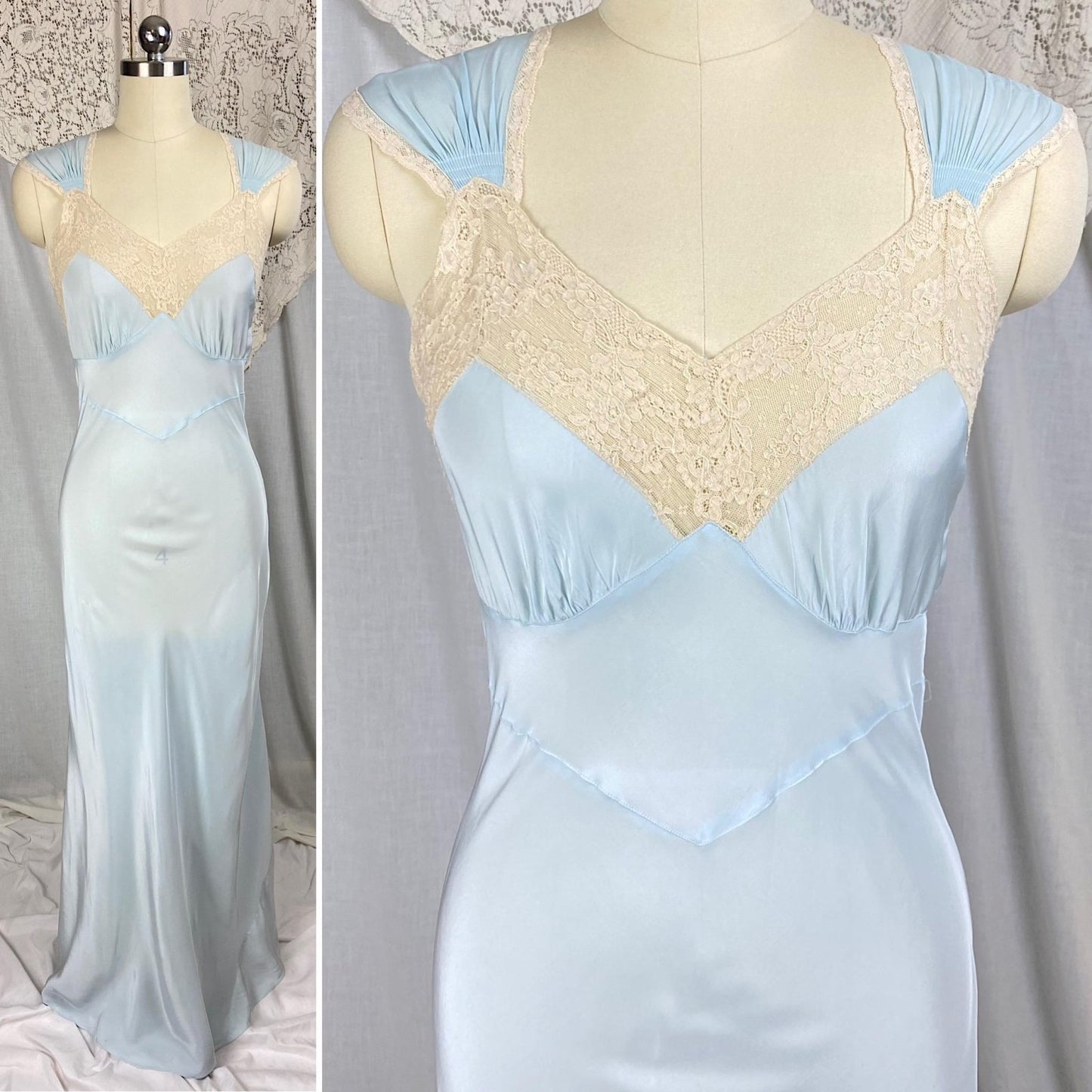 Vintage 1940's Nightgown & Peignoir Set | Baby Blue Rayon with Cream Cotton Lace | Size XS, S | By Wonder Maid - Daggers & Dames