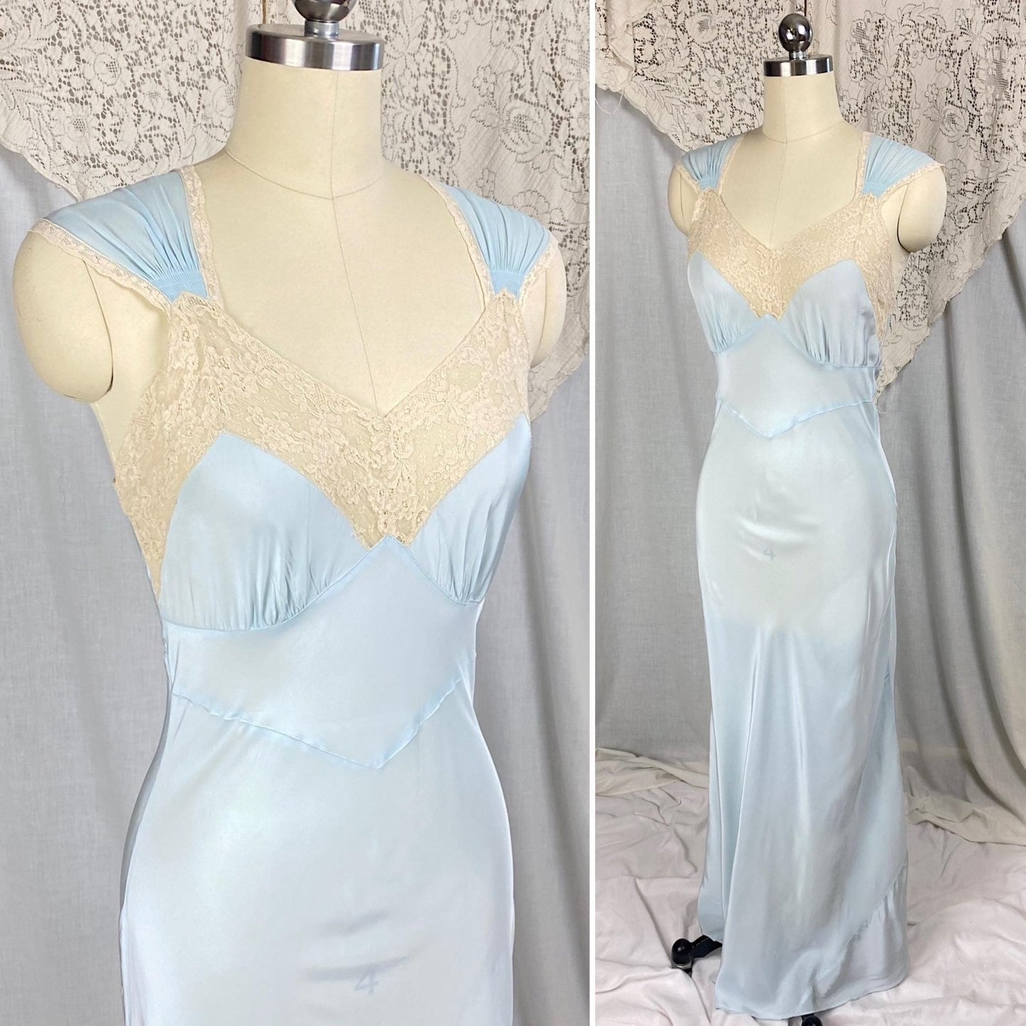 Vintage 1940's Nightgown & Peignoir Set | Baby Blue Rayon with Cream Cotton Lace | Size XS, S | By Wonder Maid - Daggers & Dames
