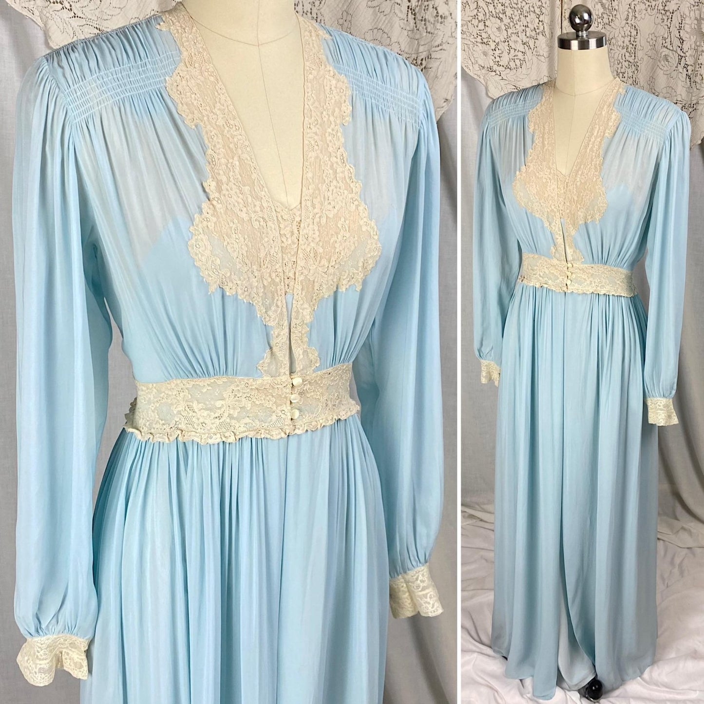 Vintage 1940's Nightgown & Peignoir Set | Baby Blue Rayon with Cream Cotton Lace | Size XS, S | By Wonder Maid - Daggers & Dames