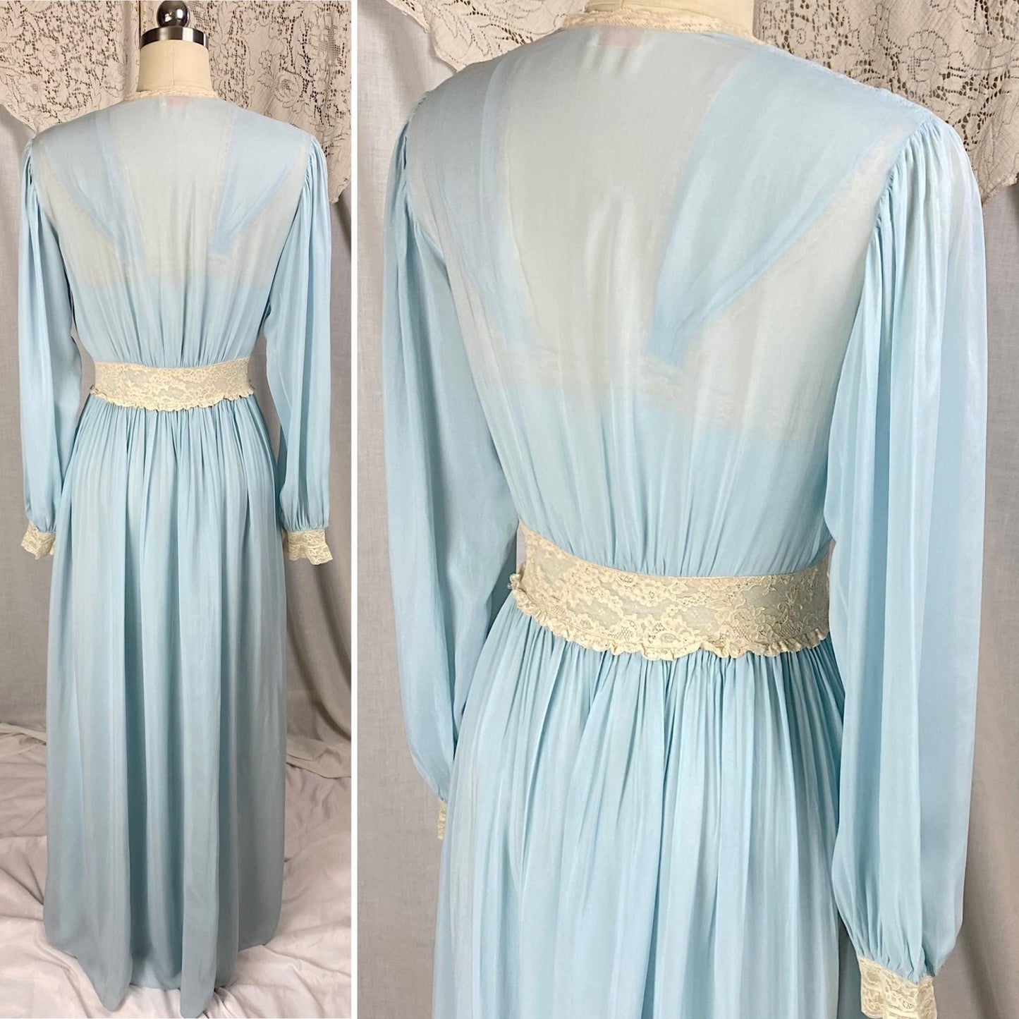 Vintage 1940's Nightgown & Peignoir Set | Baby Blue Rayon with Cream Cotton Lace | Size XS, S | By Wonder Maid - Daggers & Dames
