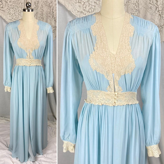 Vintage 1940's Nightgown & Peignoir Set | Baby Blue Rayon with Cream Cotton Lace | Size XS, S | By Wonder Maid - Daggers & Dames
