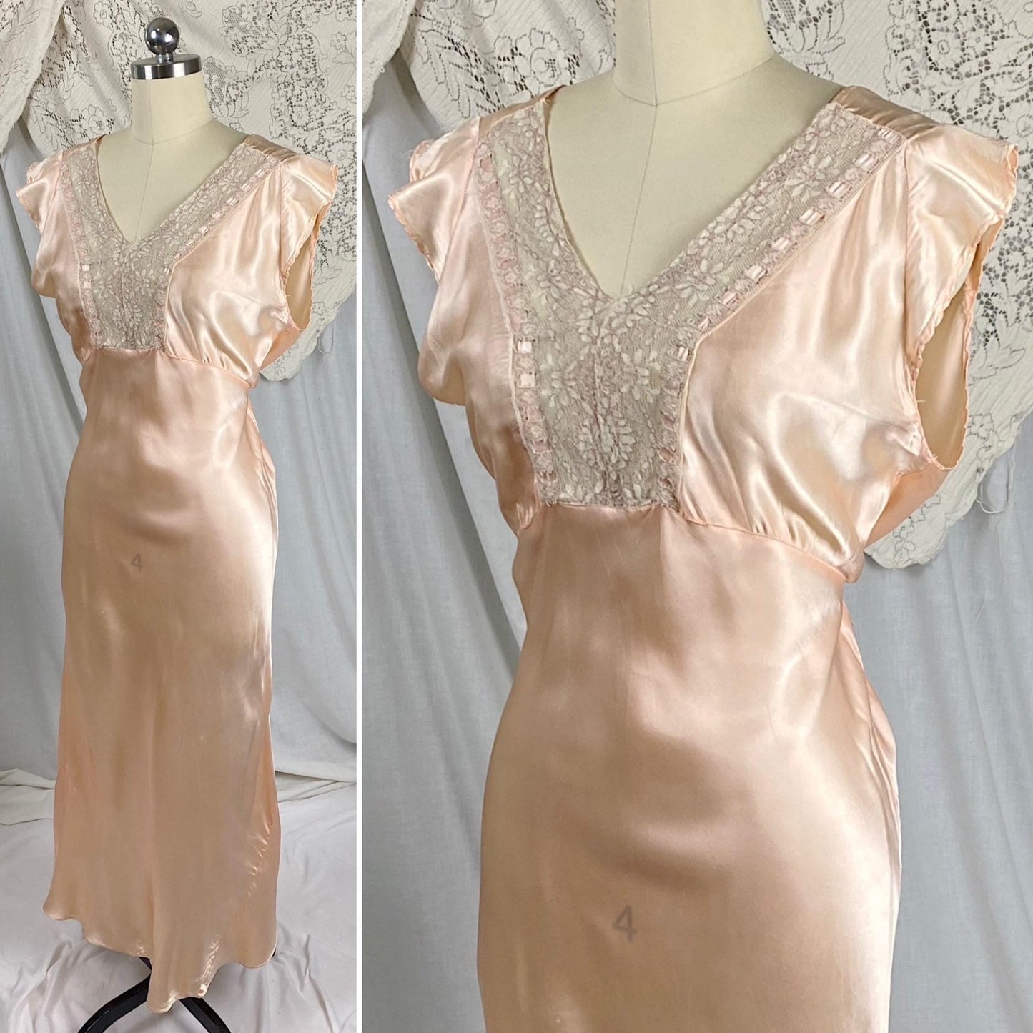 Vintage 1940's Nightgown | Rose Gold Pink Rayon Satin with Ecru Cotton Lace & Woven Ribbon Detail | Size S, M - Daggers & Dames