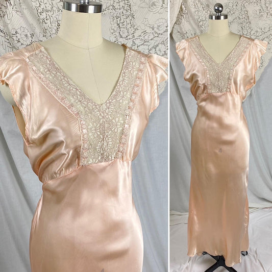 Vintage 1940's Nightgown | Rose Gold Pink Rayon Satin with Ecru Cotton Lace & Woven Ribbon Detail | Size S, M - Daggers & Dames