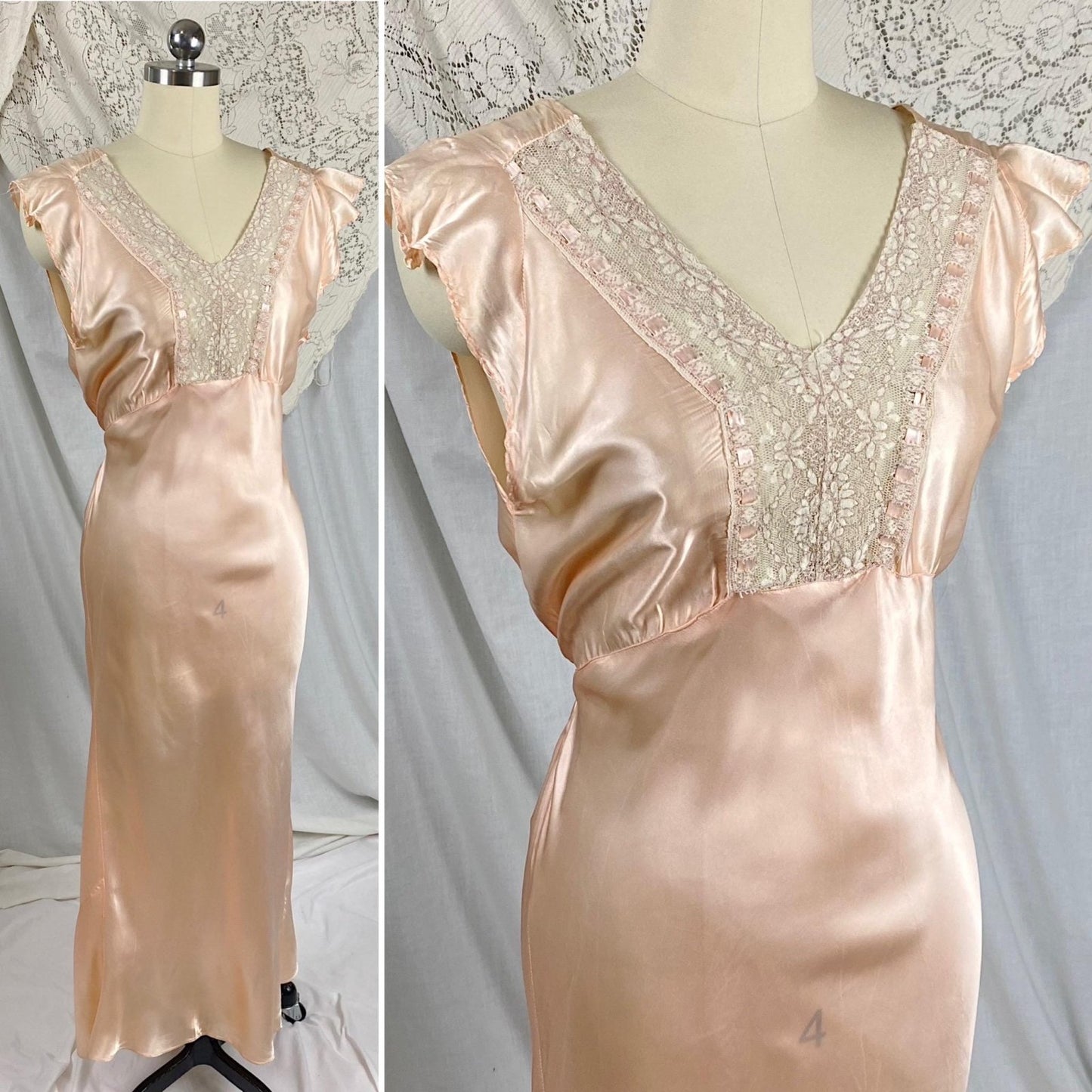 Vintage 1940's Nightgown | Rose Gold Pink Rayon Satin with Ecru Cotton Lace & Woven Ribbon Detail | Size S, M - Daggers & Dames