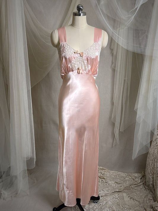 Vintage 1940's Nightgown - Rose Pink Rayon Satin with Nude Cotton Lace Appliqués & Geo Stitch back | XS - Daggers & Dames