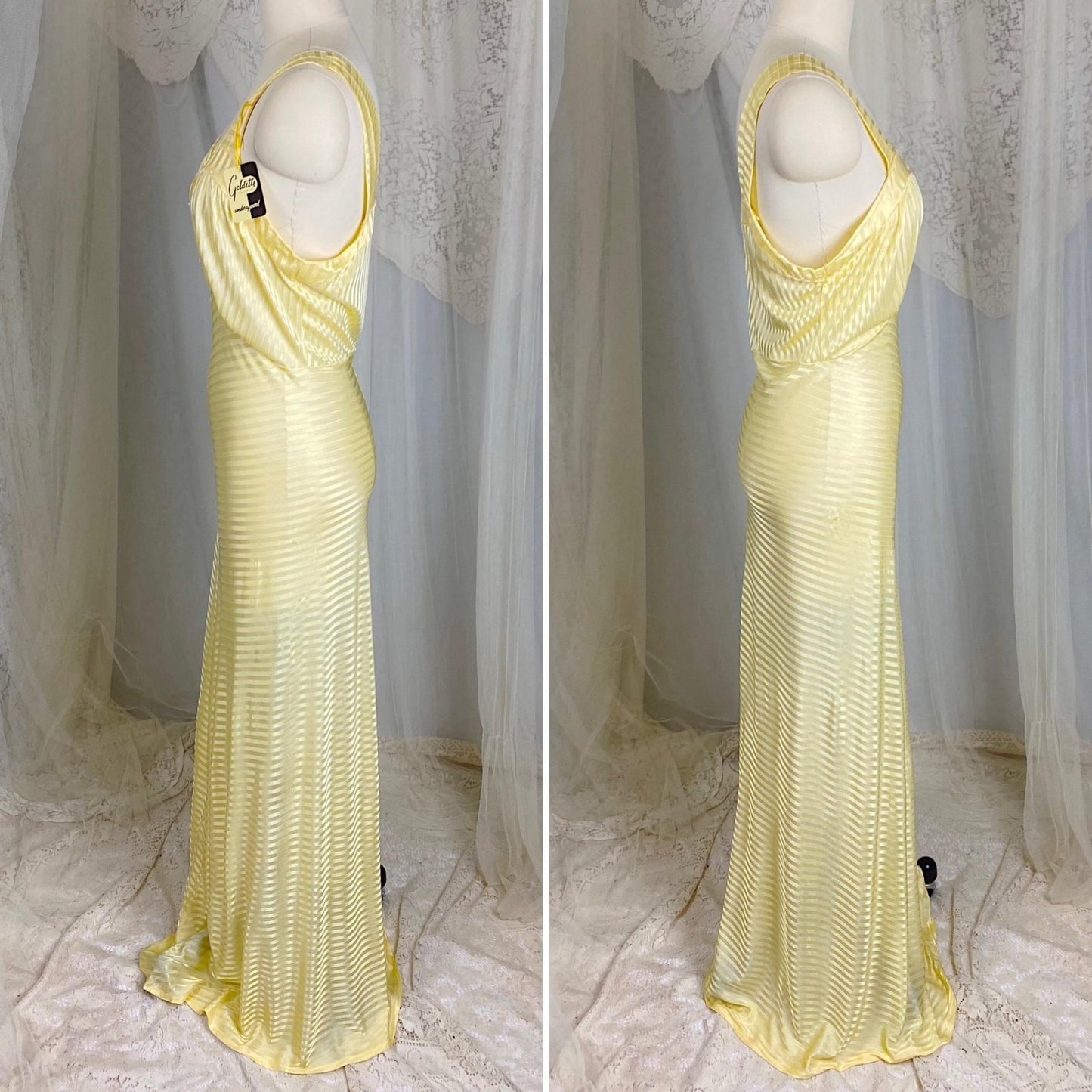 Vintage 1940's Nightgown - Semi - Sheer Buttercup Yellow Rayon Knit with Satin Stripe Brocade Pattern - Size S, M - By Goldette, New with Tags - Daggers & Dames