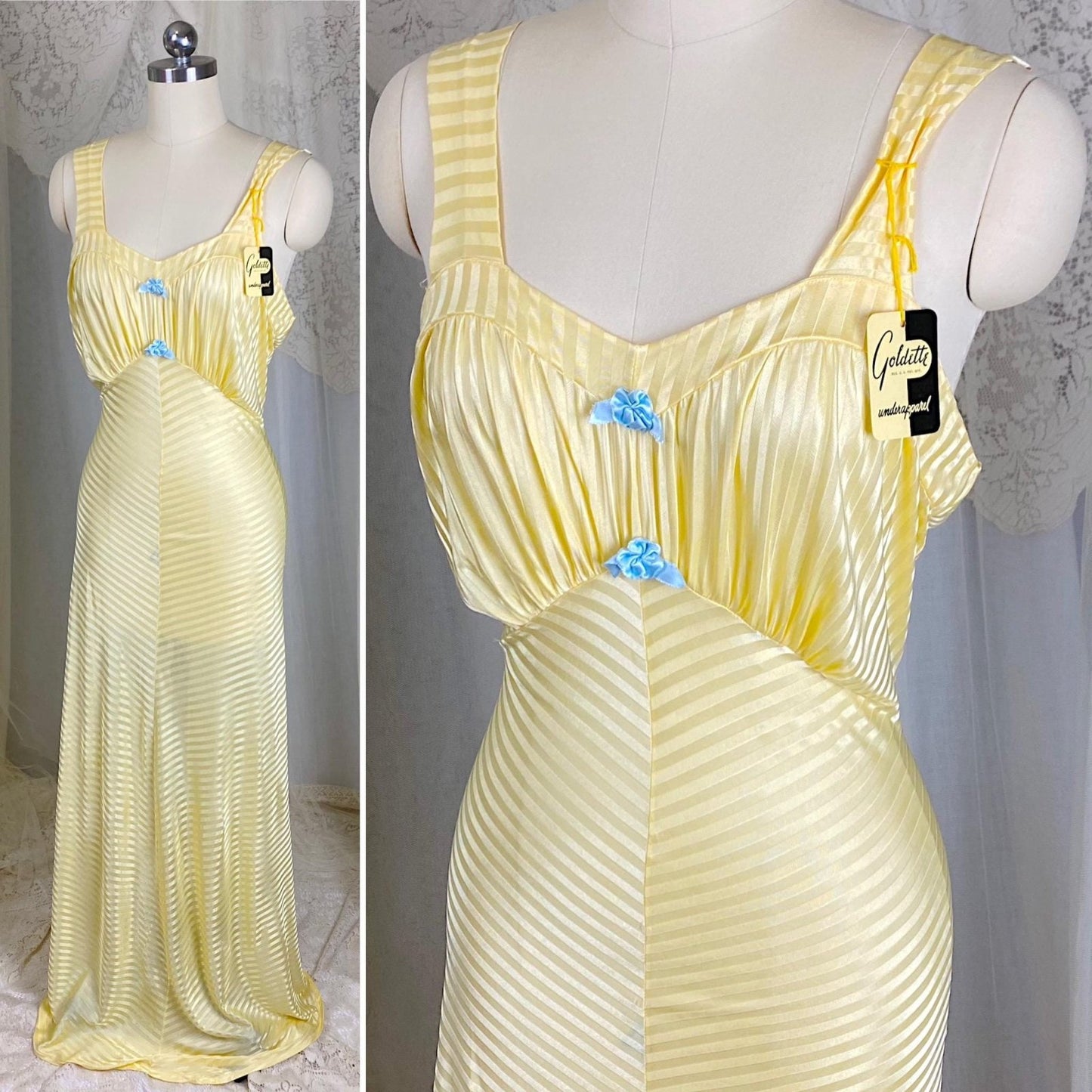 Vintage 1940's Nightgown - Semi - Sheer Buttercup Yellow Rayon Knit with Satin Stripe Brocade Pattern - Size S, M - By Goldette, New with Tags - Daggers & Dames