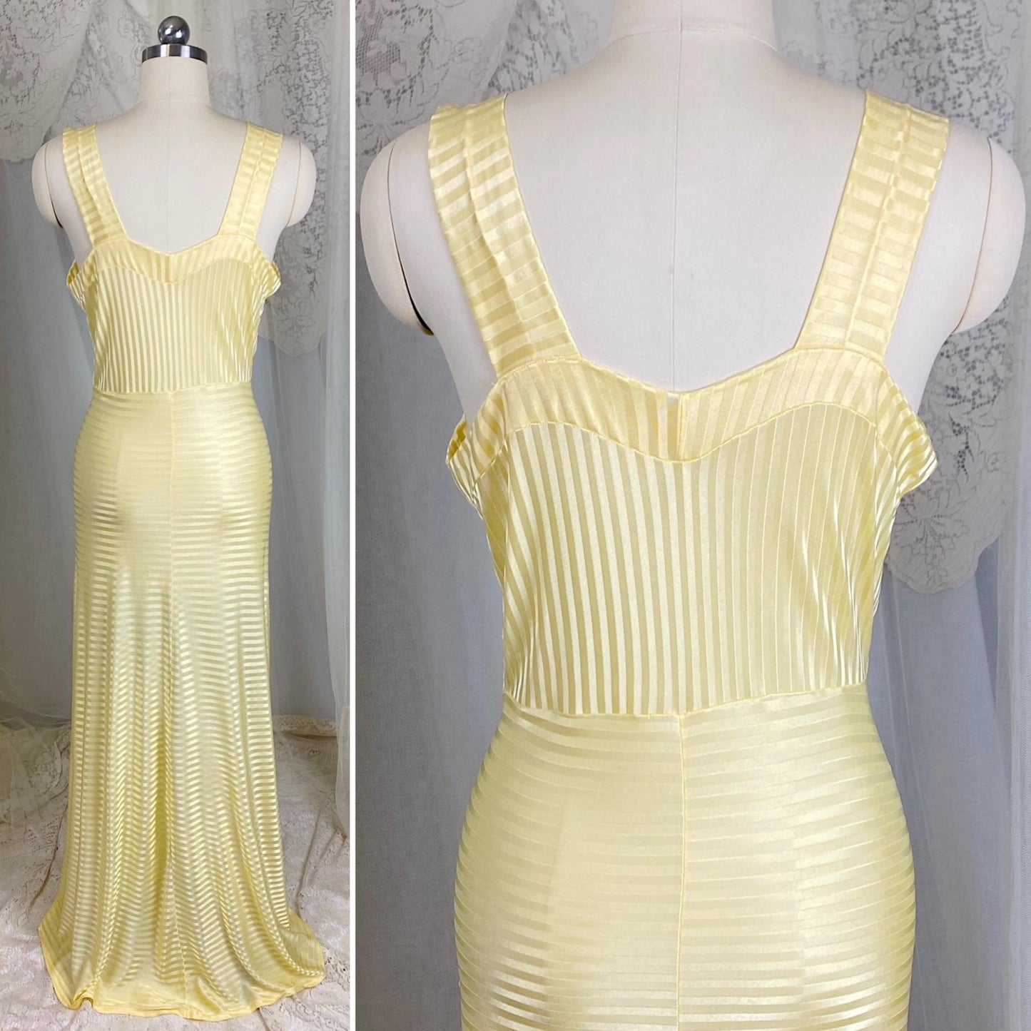 Vintage 1940's Nightgown - Semi - Sheer Buttercup Yellow Rayon Knit with Satin Stripe Brocade Pattern - Size S, M - By Goldette, New with Tags - Daggers & Dames