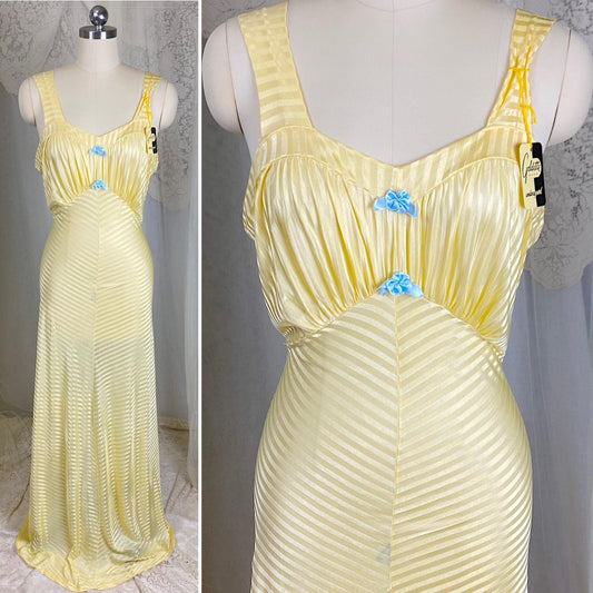 Vintage 1940's Nightgown - Semi - Sheer Buttercup Yellow Rayon Knit with Satin Stripe Brocade Pattern - Size S, M - By Goldette, New with Tags - Daggers & Dames