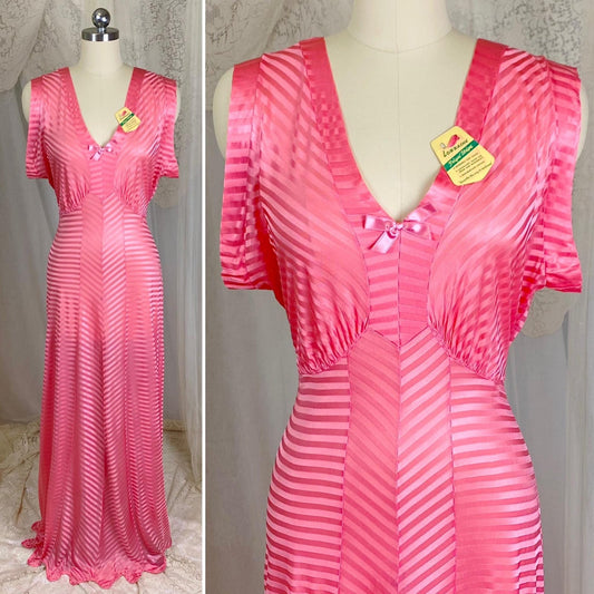 Vintage 1940's Nightgown - Semi - Sheer Coral Pink Rayon Knit with Satin Trique Stripe Brocade Pattern - Size M, LG - Lorraine, New with Tags - Daggers & Dames