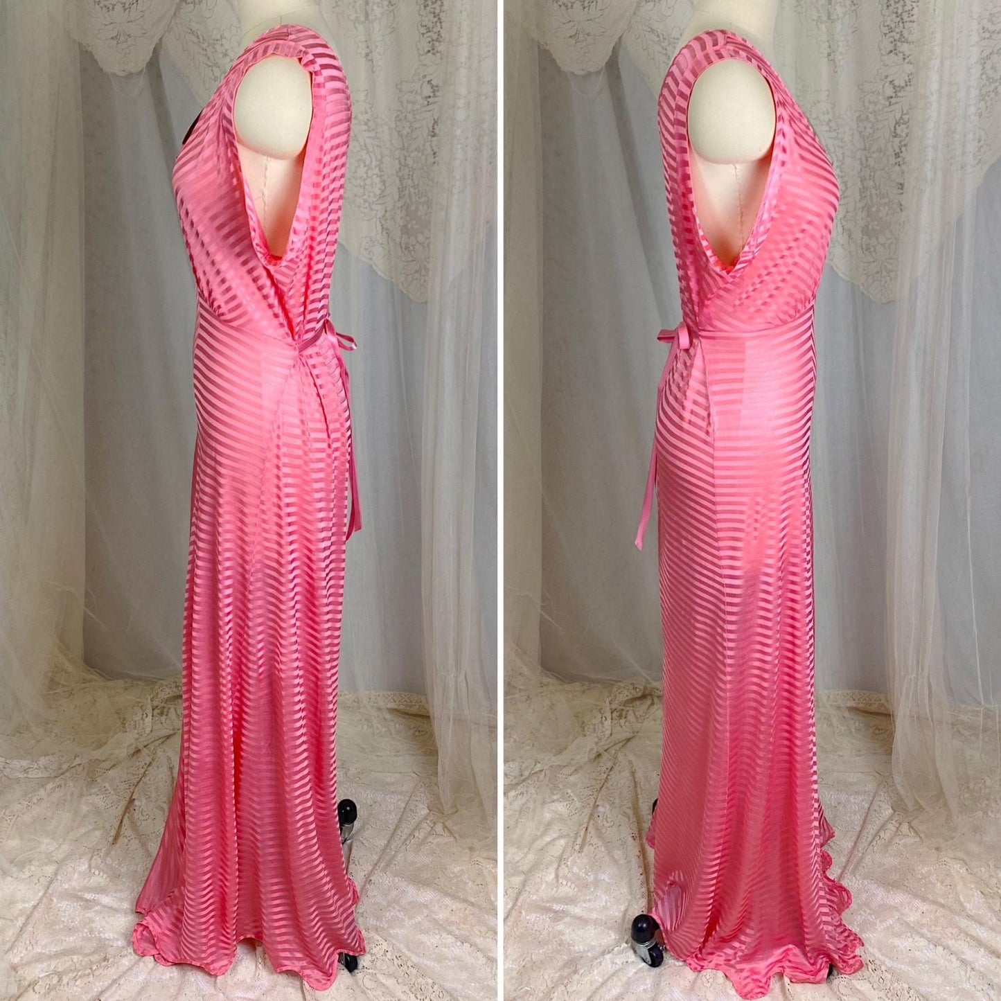 Vintage 1940's Nightgown - Semi - Sheer Coral Pink Rayon Knit with Satin Trique Stripe Brocade Pattern - Size M, LG - Lorraine, New with Tags - Daggers & Dames