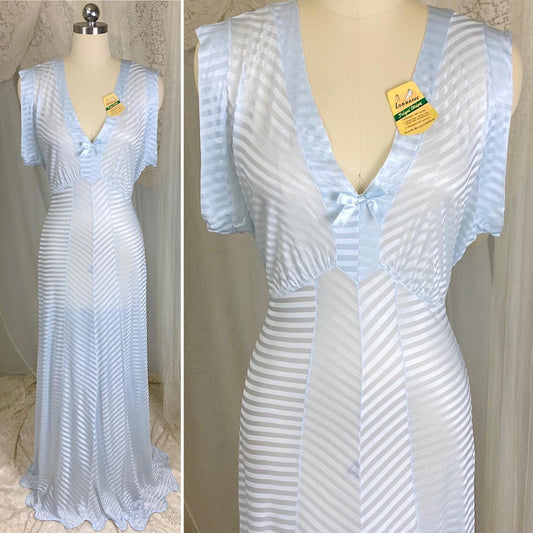 Vintage 1940's Nightgown - Semi - Sheer Pale Blue Rayon Knit with Satin Trique Stripe Brocade Pattern - Size M, LG - Lorraine, New with Tags - Daggers & Dames