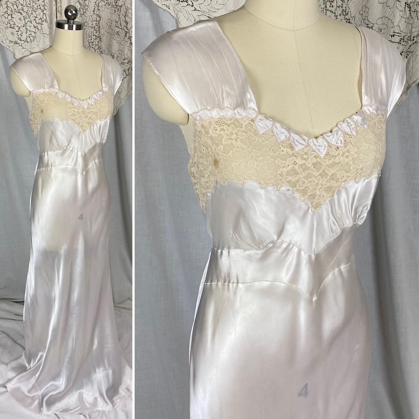 Vintage 1940's Nightgown | Semi - Sheer Palest Pink Rayon Satin with Nude Lace & Heart Appliques | Size M, LG - Never Worn - Daggers & Dames