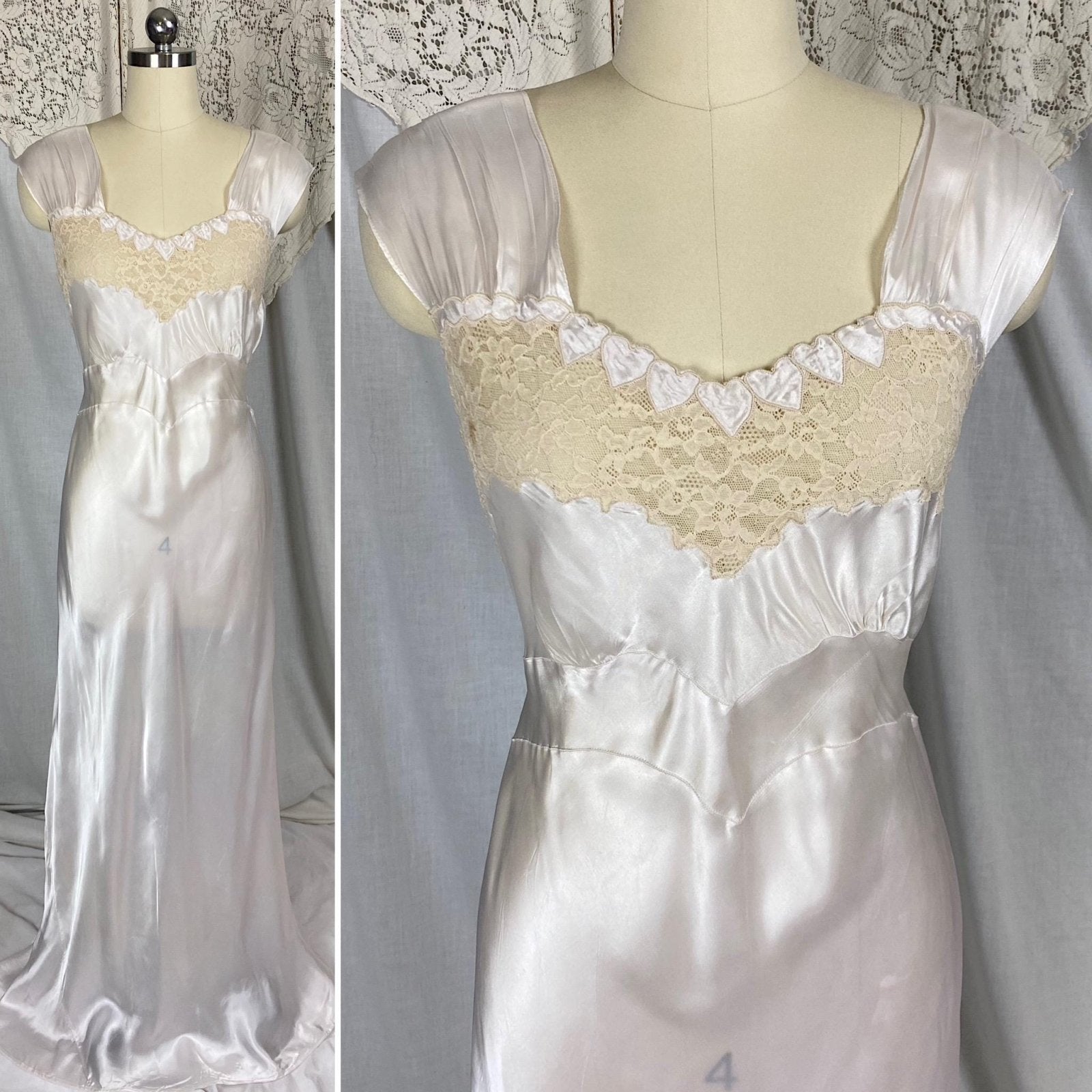 Vintage 1940's Nightgown | Semi - Sheer Palest Pink Rayon Satin with Nude Lace & Heart Appliques | Size M, LG - Never Worn - Daggers & Dames