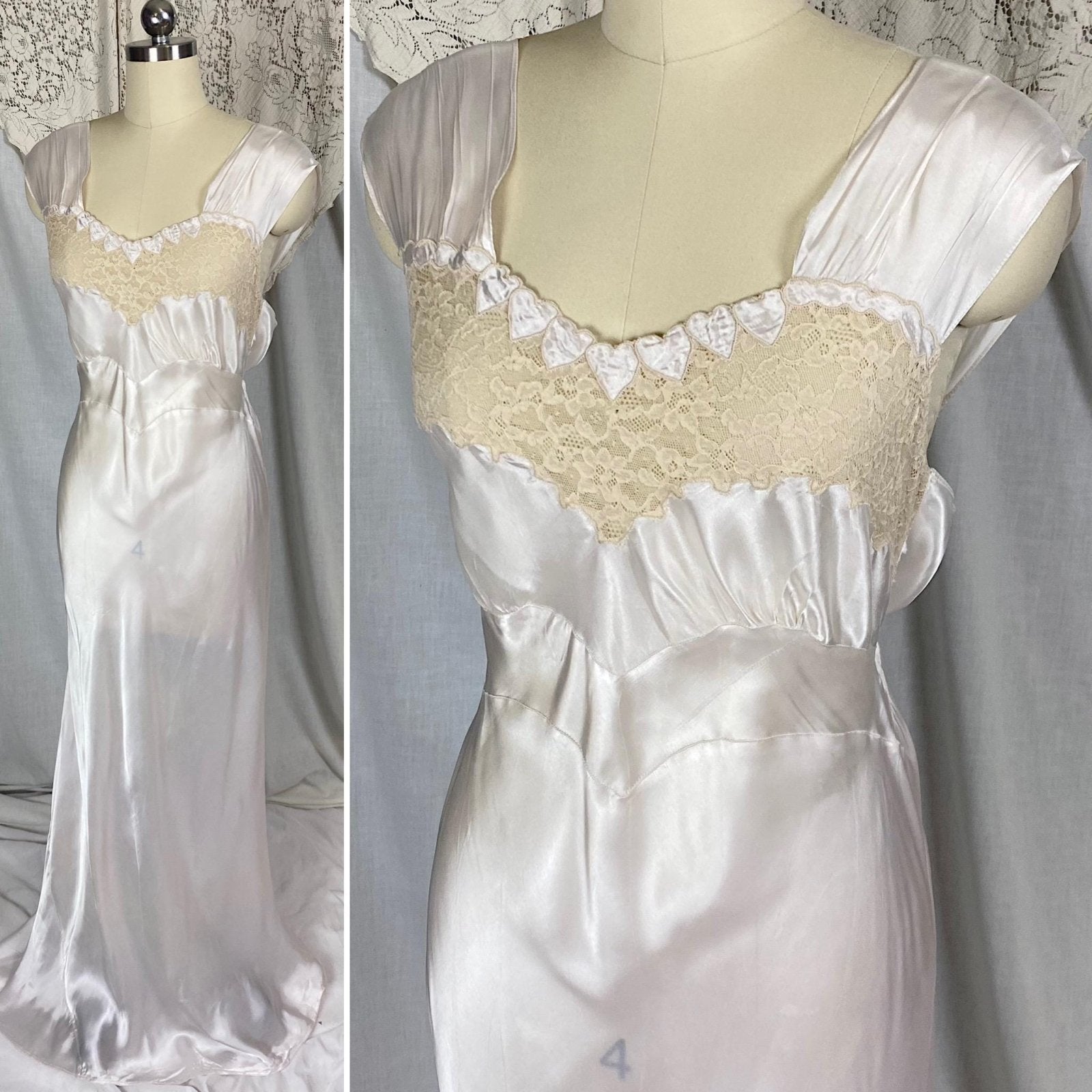 Vintage 1940's Nightgown | Semi - Sheer Palest Pink Rayon Satin with Nude Lace & Heart Appliques | Size M, LG - Never Worn - Daggers & Dames