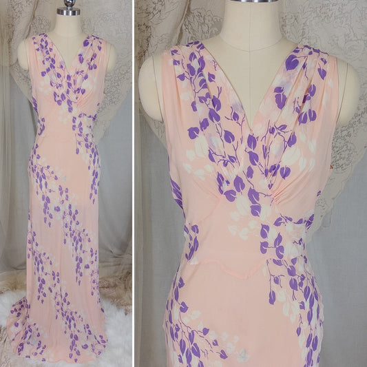 Vintage 1940's Nightgown - Sheer Baby Pink Rayon Chiffon with Violet & White Vine Print | XS, Small, Medium - Daggers & Dames