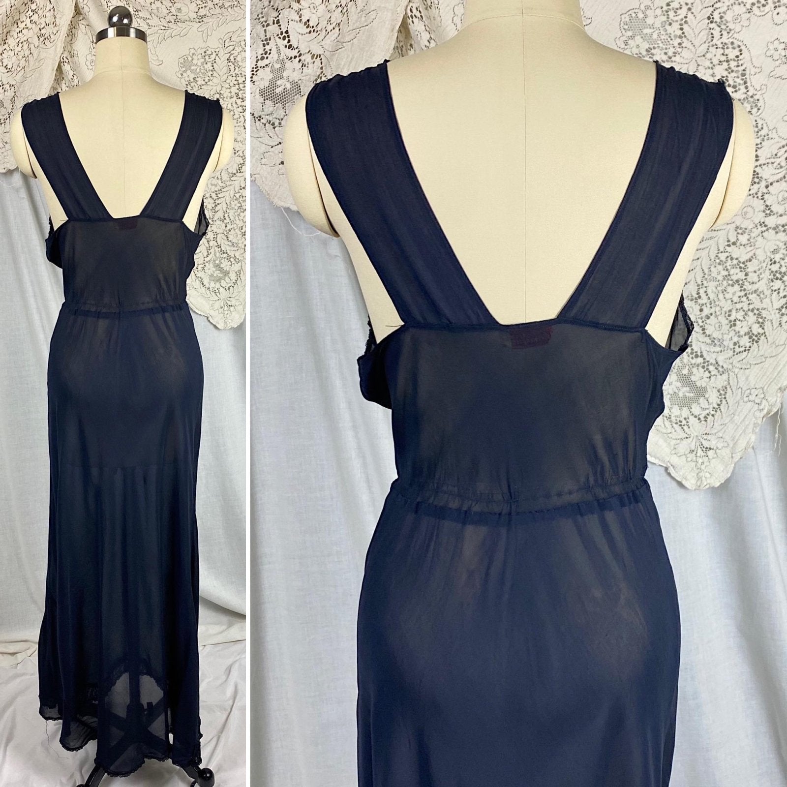 Vintage 1940's Nightgown | Sheer Black Rayon Chiffon with Cotton Lace | Size S, M | By Bennington - Daggers & Dames