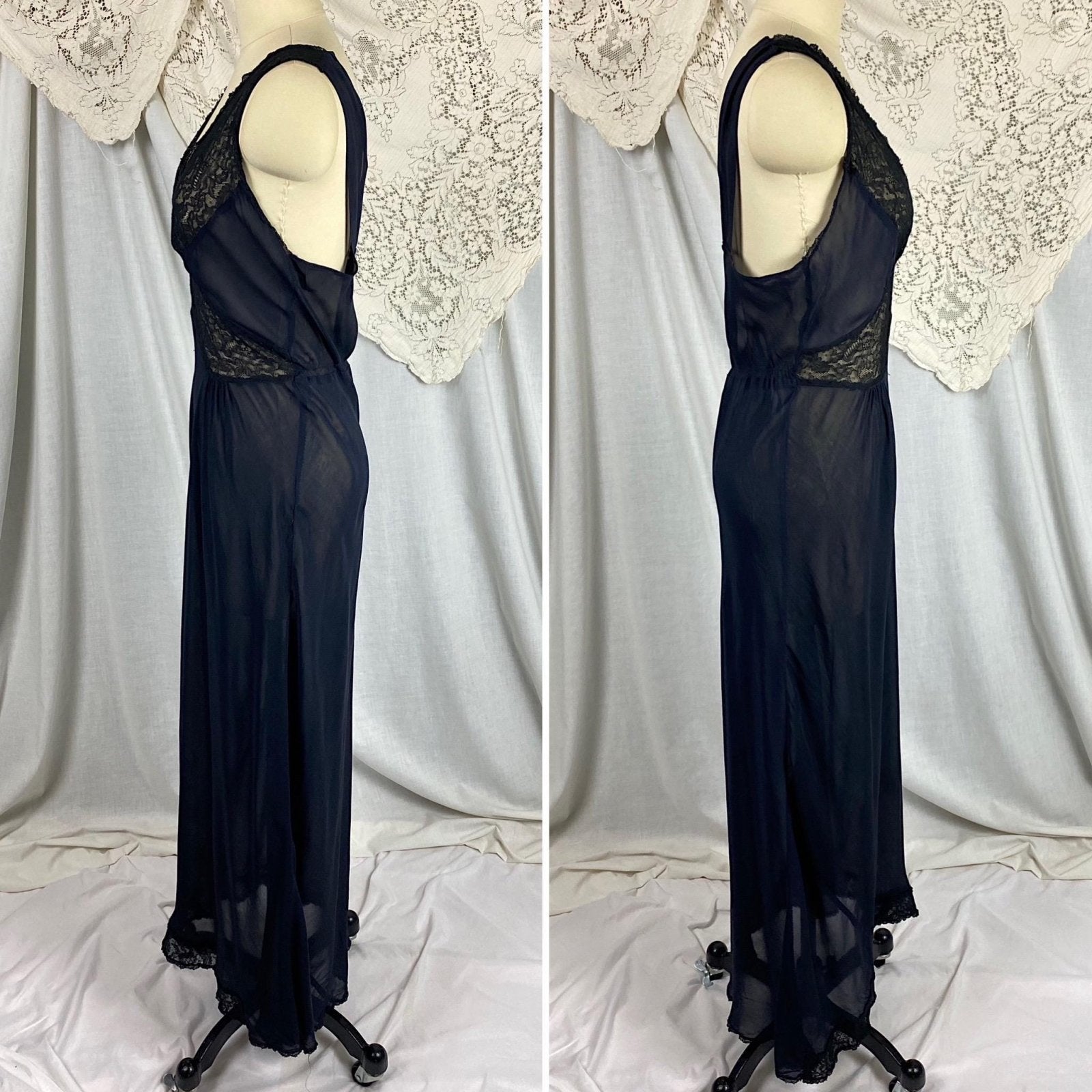 Vintage 1940's Nightgown | Sheer Black Rayon Chiffon with Cotton Lace | Size S, M | By Bennington - Daggers & Dames